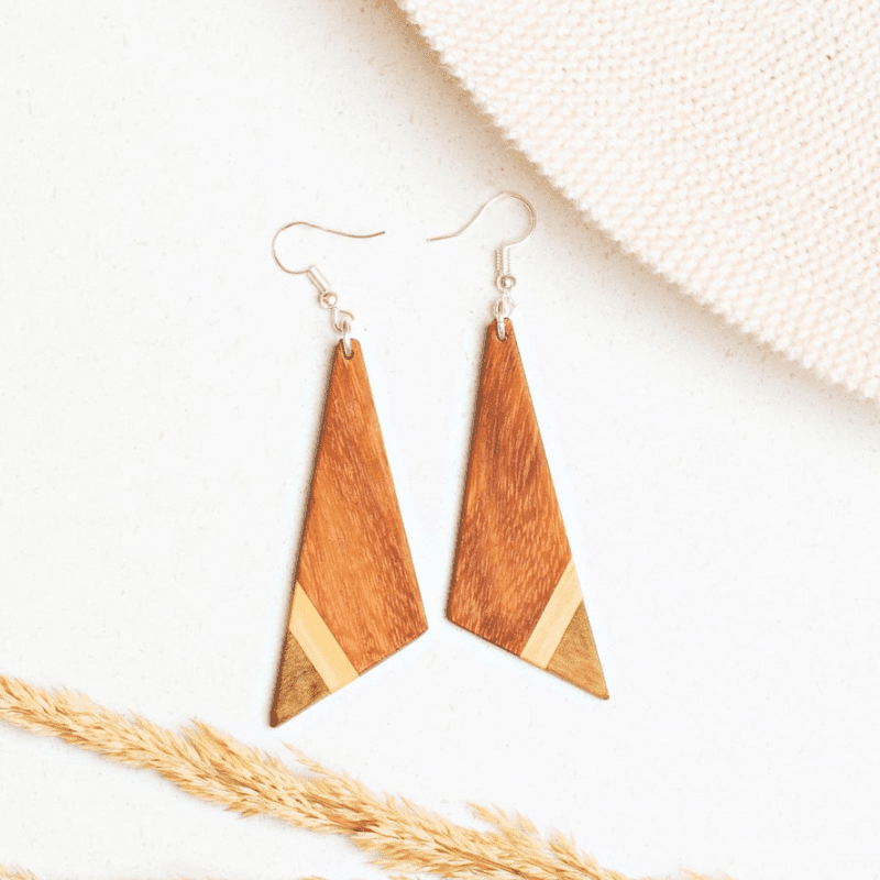 asymmetric tri tone wood triangle earrings 2
