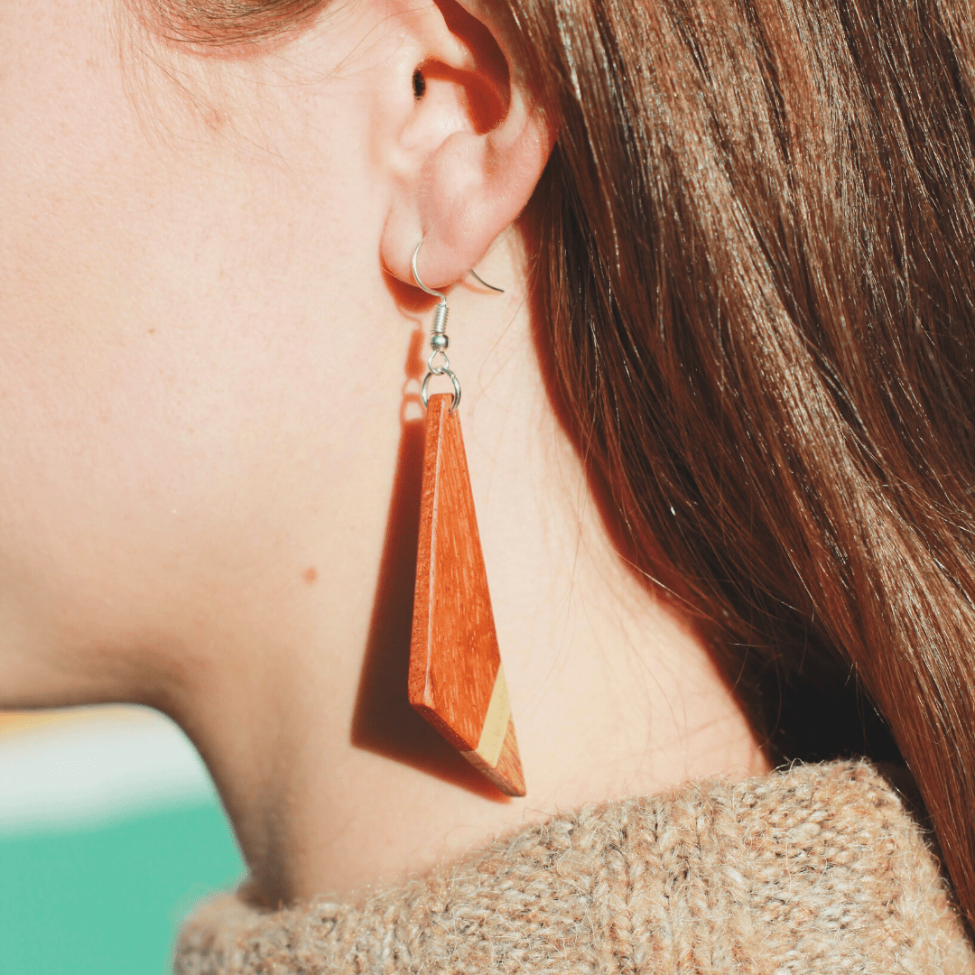 asymmetric tri tone wood triangle earrings 3