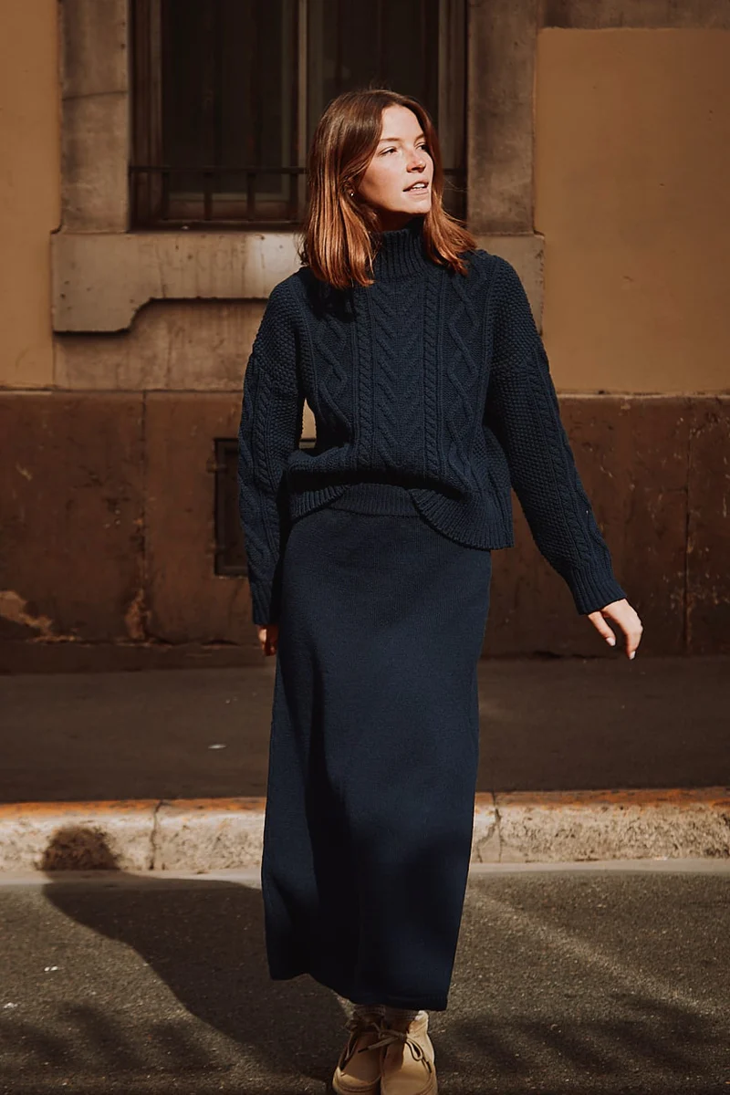 augustine flare skirt in merino wool navy 1