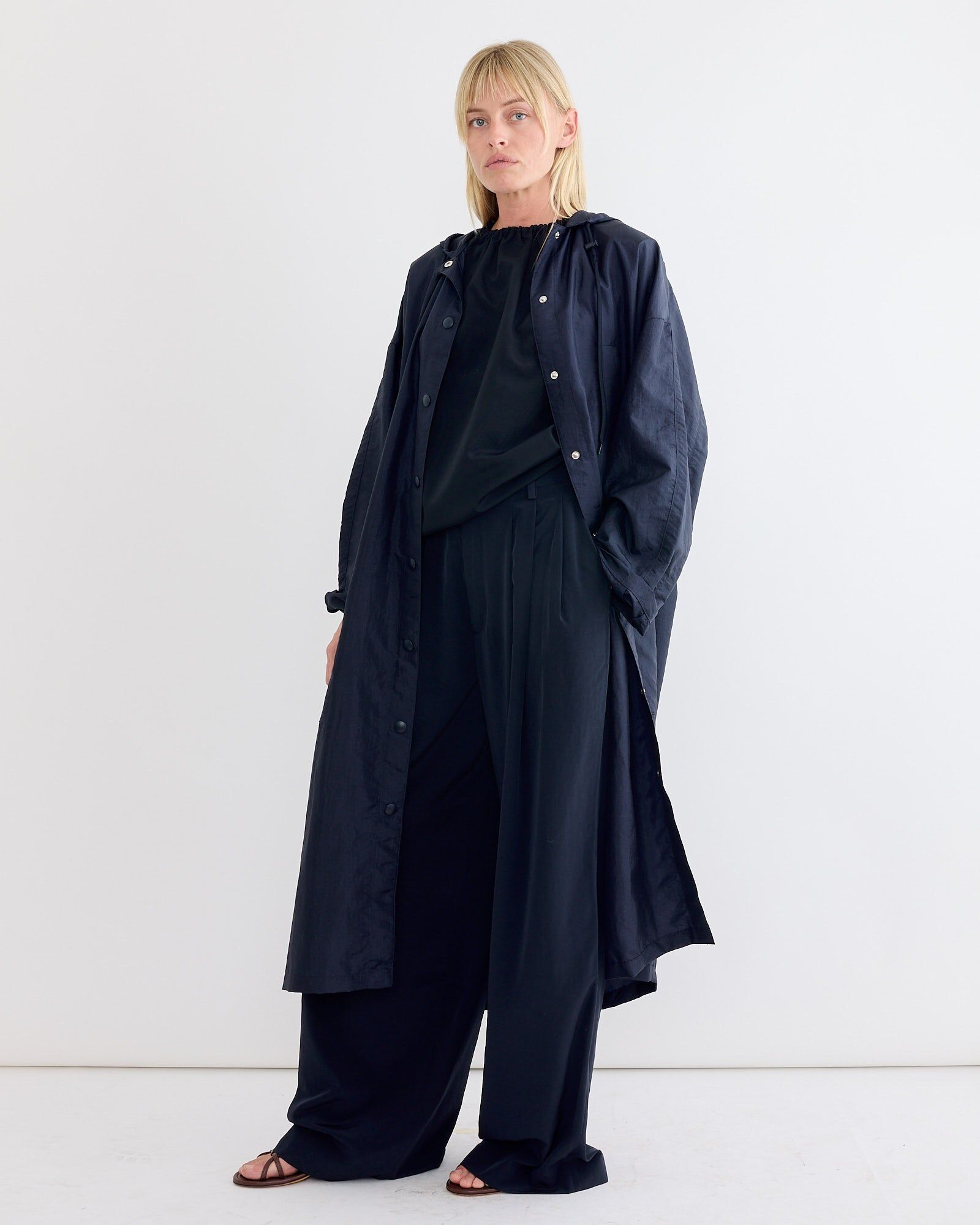 crispy nylon hooded coat in navy 1