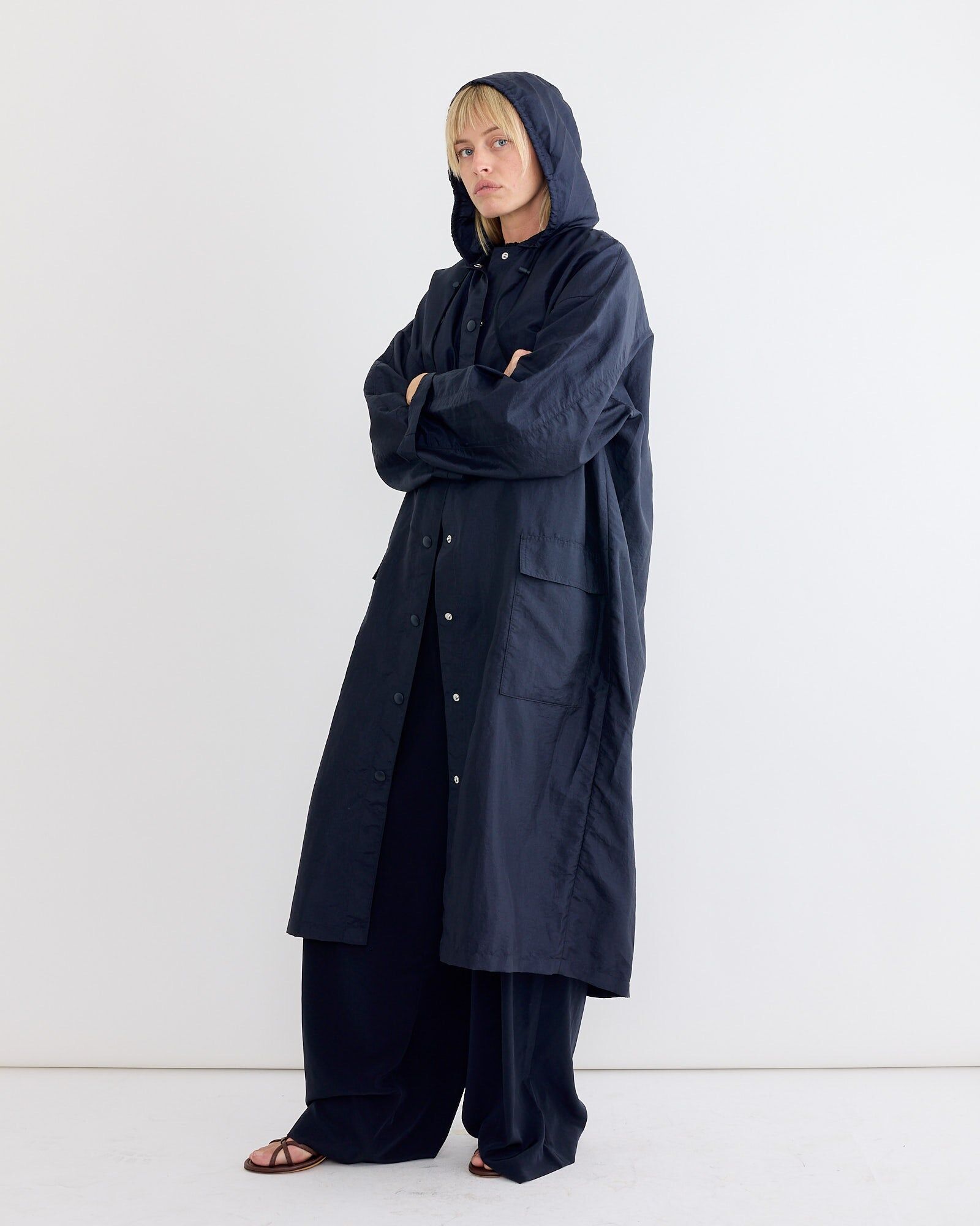 crispy nylon hooded coat in navy 2