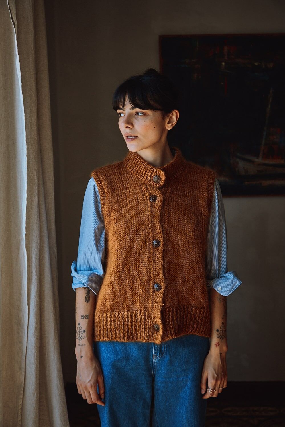 frida sleeveless cardigan in mohair and silk amber 1