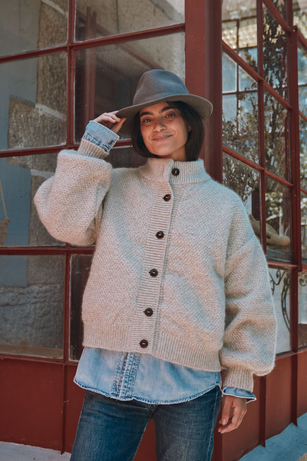 george high neck cardigan jacket in merino mohair wool beige 1