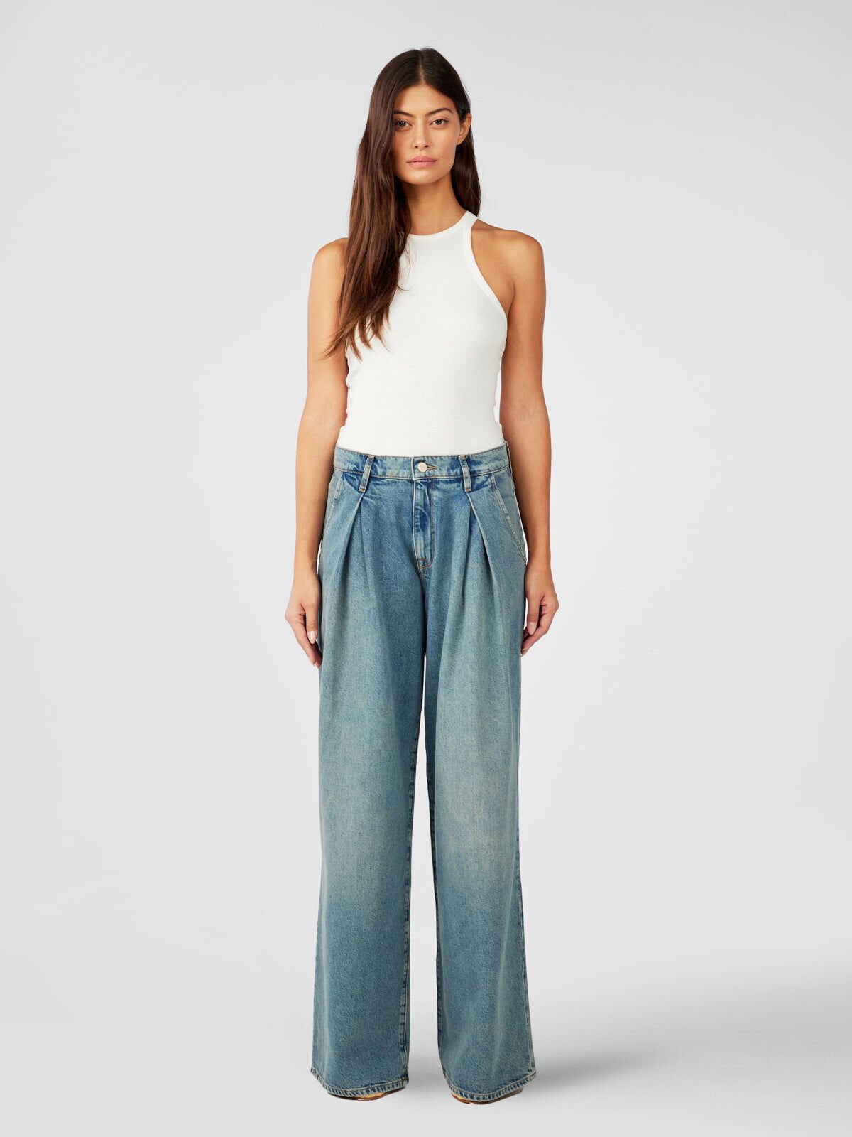 linda mid rise pleated wide leg dusky medium indigo 1
