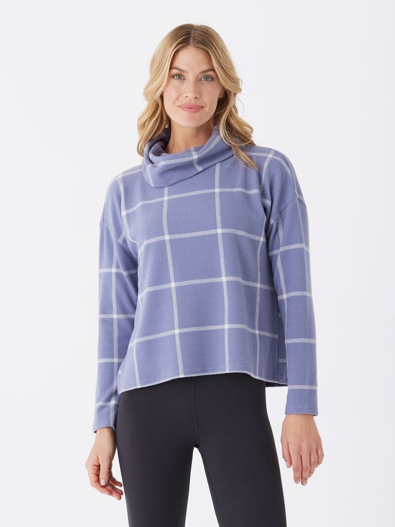 loren prairie plaid knit fleece cowl neck top 1