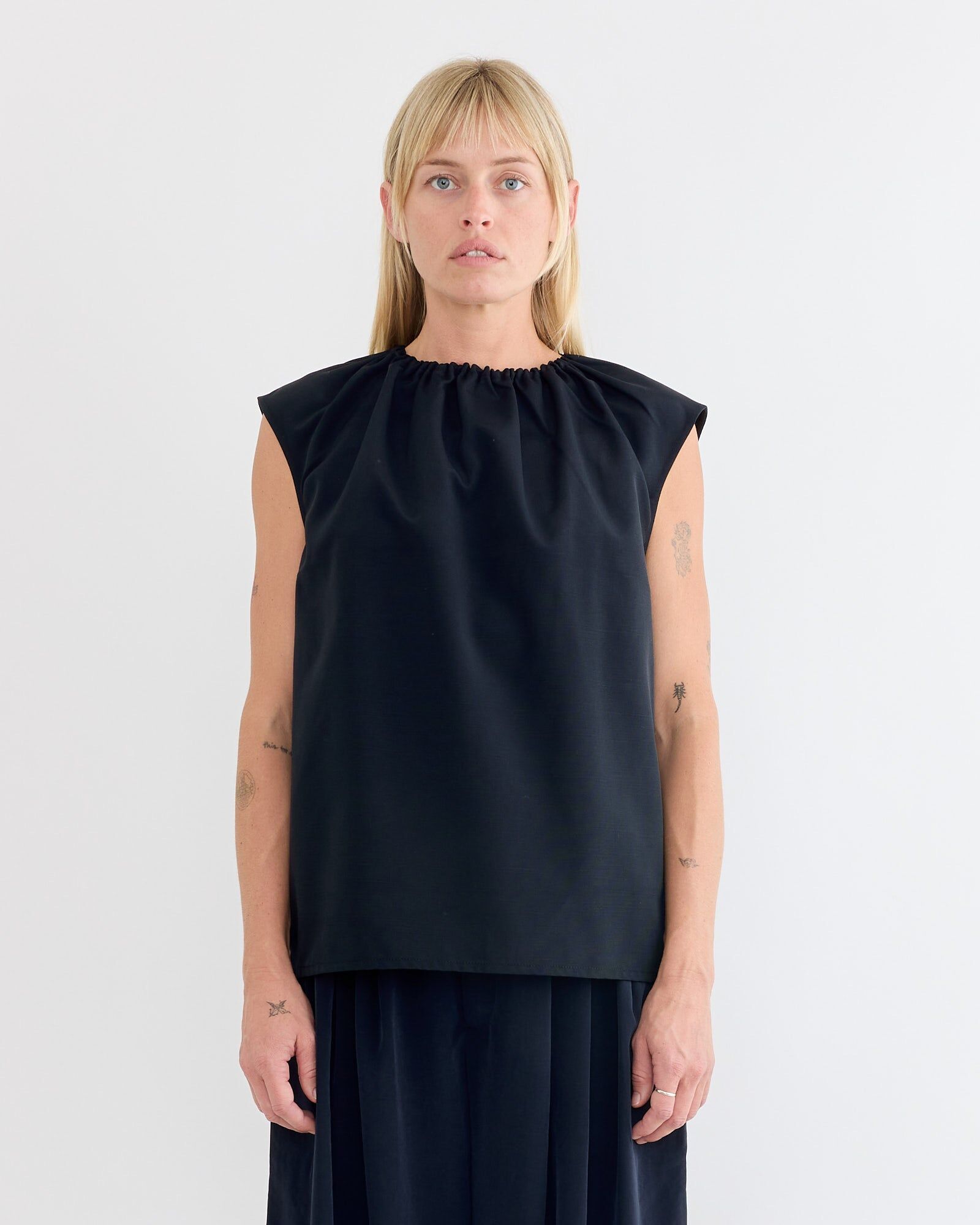 lotte nylon shirred neck top in black 1