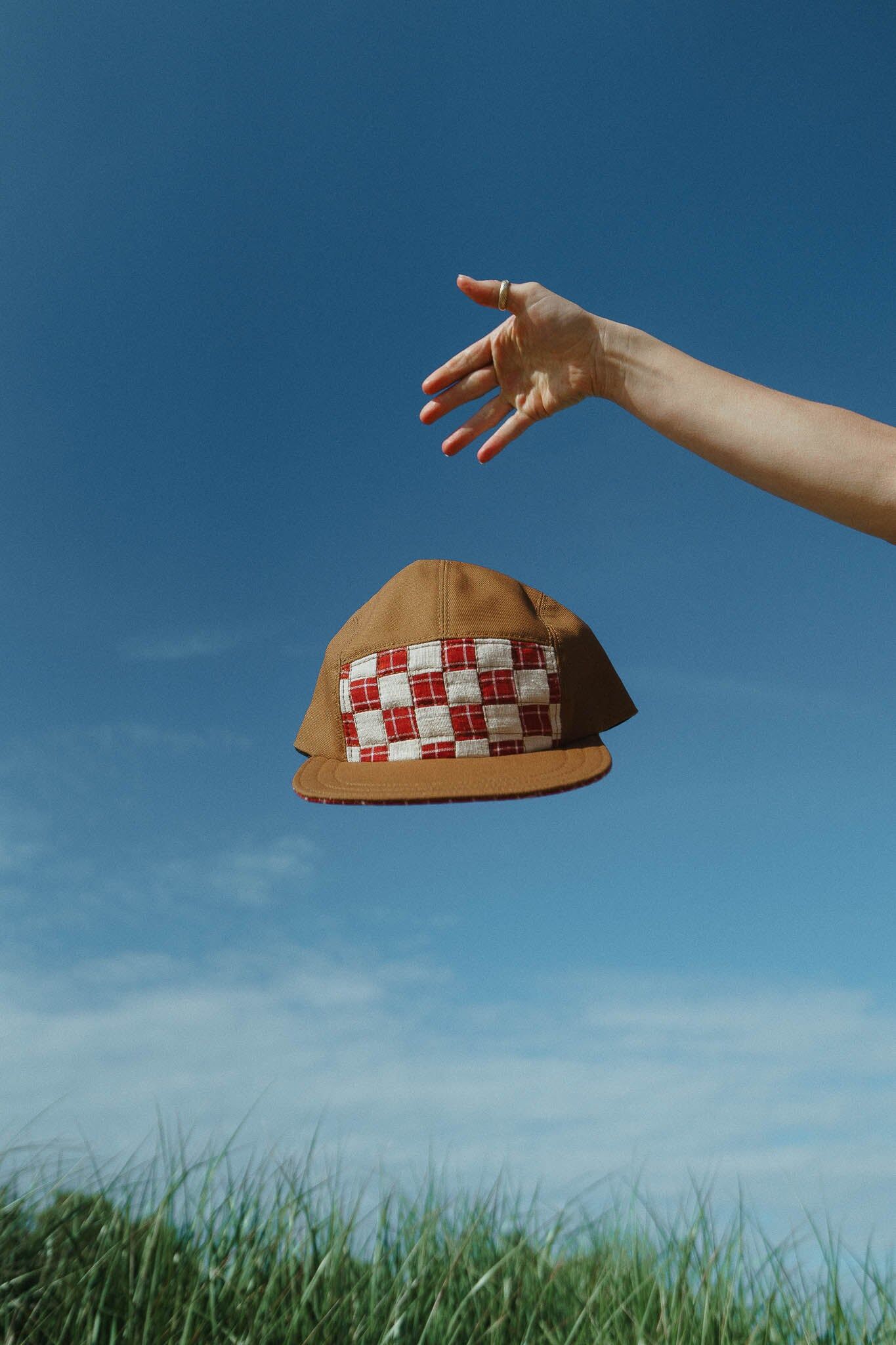 quilted camp hat by sundew sewing in red check grid 1