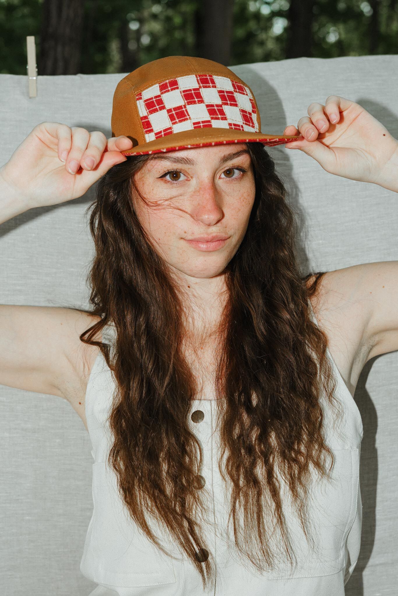 quilted camp hat by sundew sewing in red check grid 2
