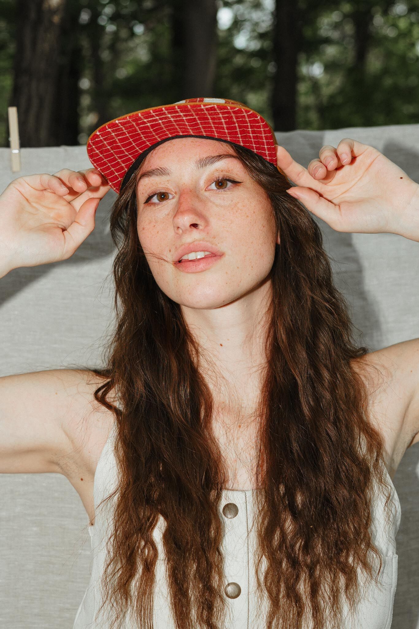 quilted camp hat by sundew sewing in red check grid 3