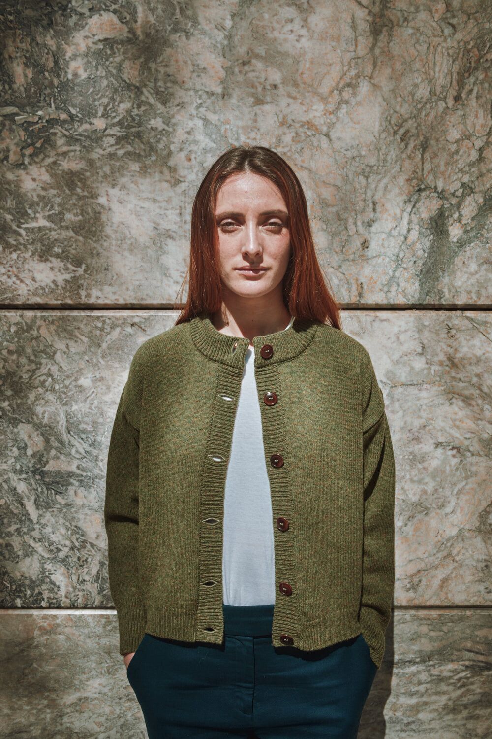 sandra funnel neck cardigan in merino wool olive green 1
