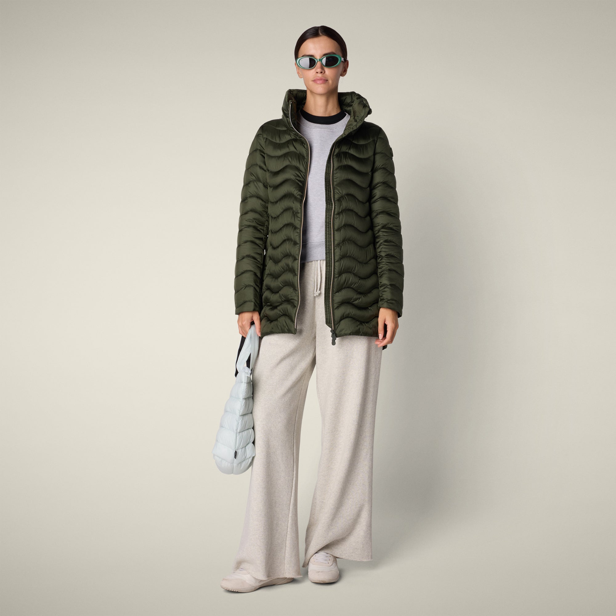 womens animal free puffer jacket livette in pine green 1