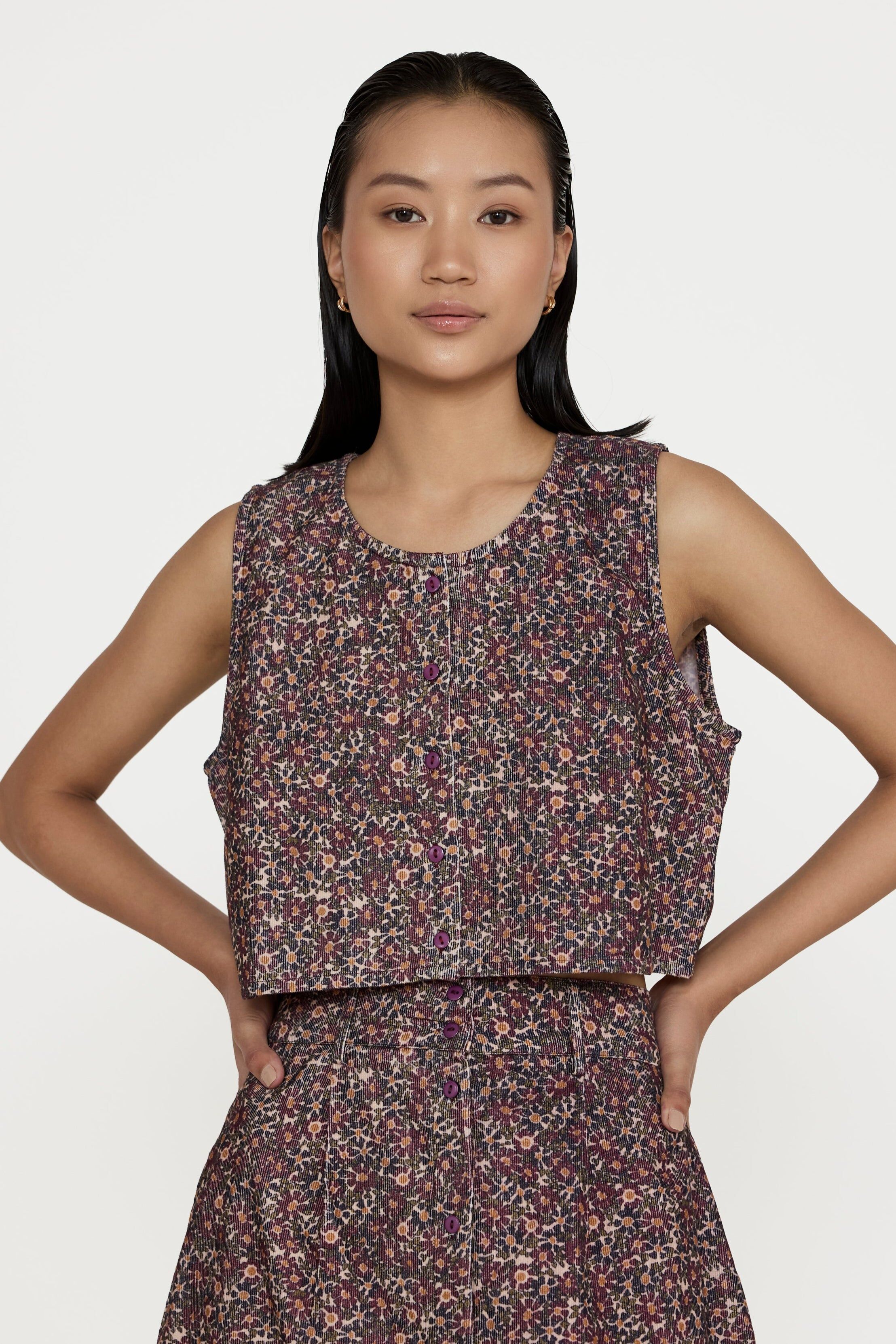 cropped button vest floral corduroy 1