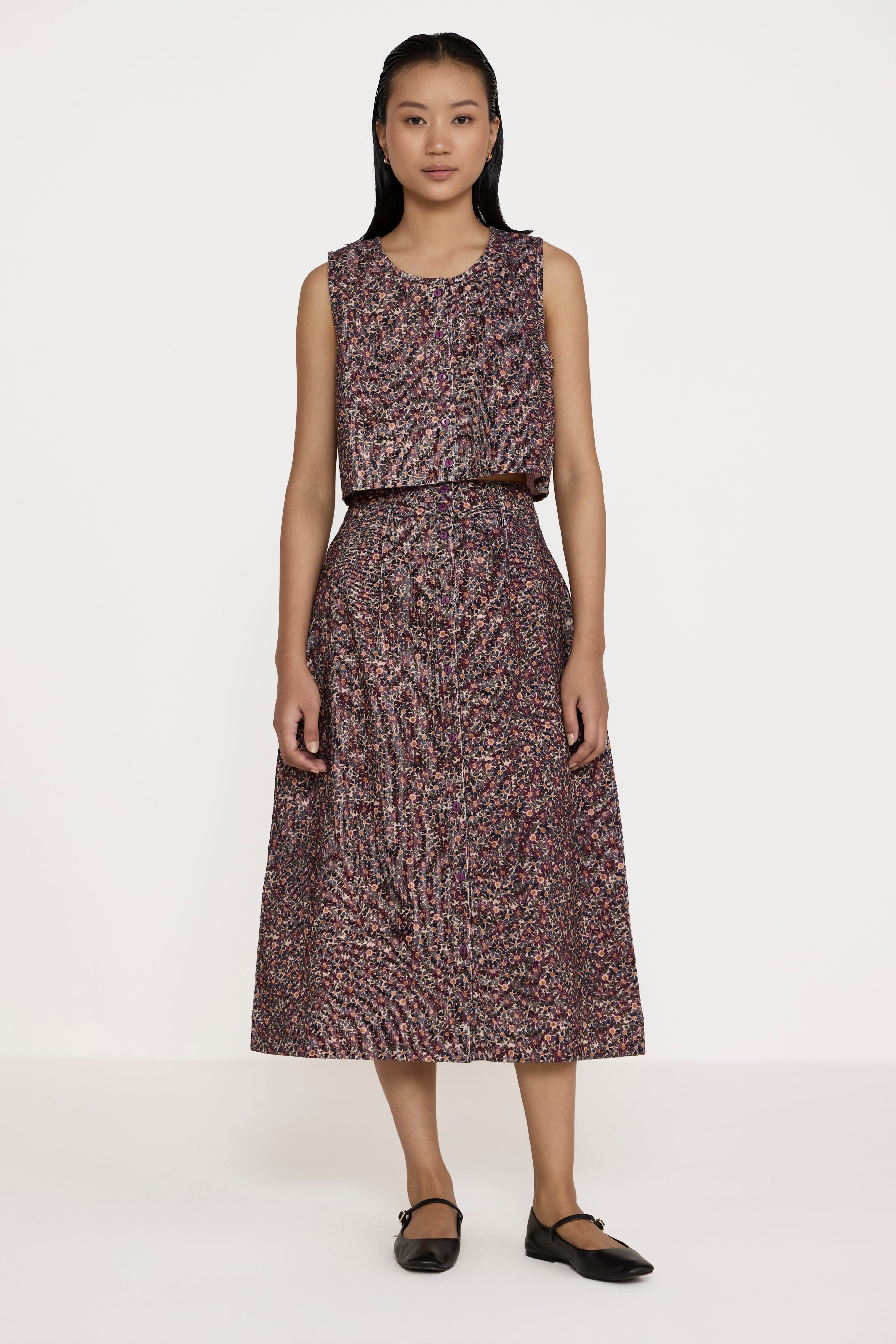 cropped button vest floral corduroy 2