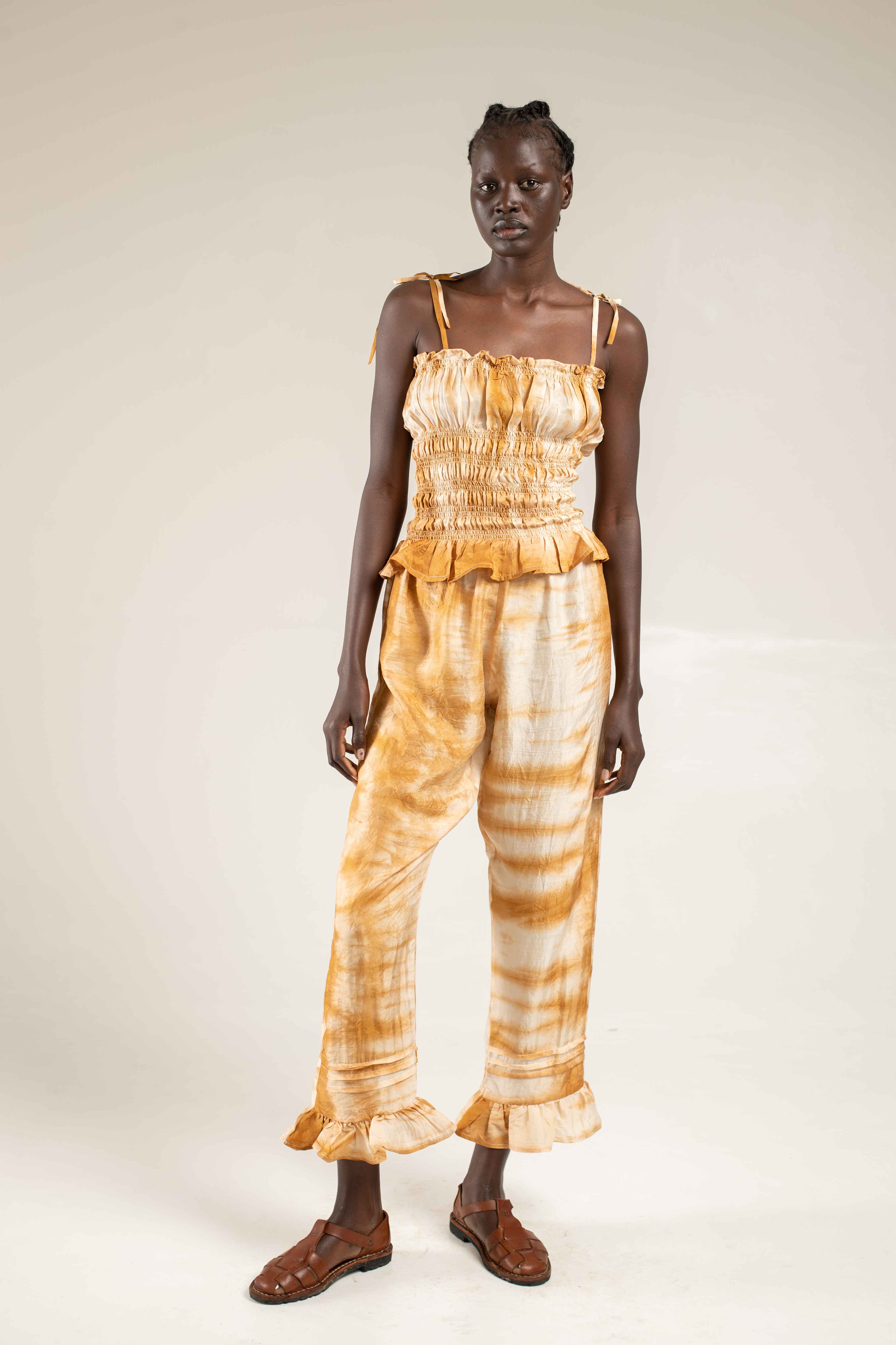 frill hem pants shibori camel 1