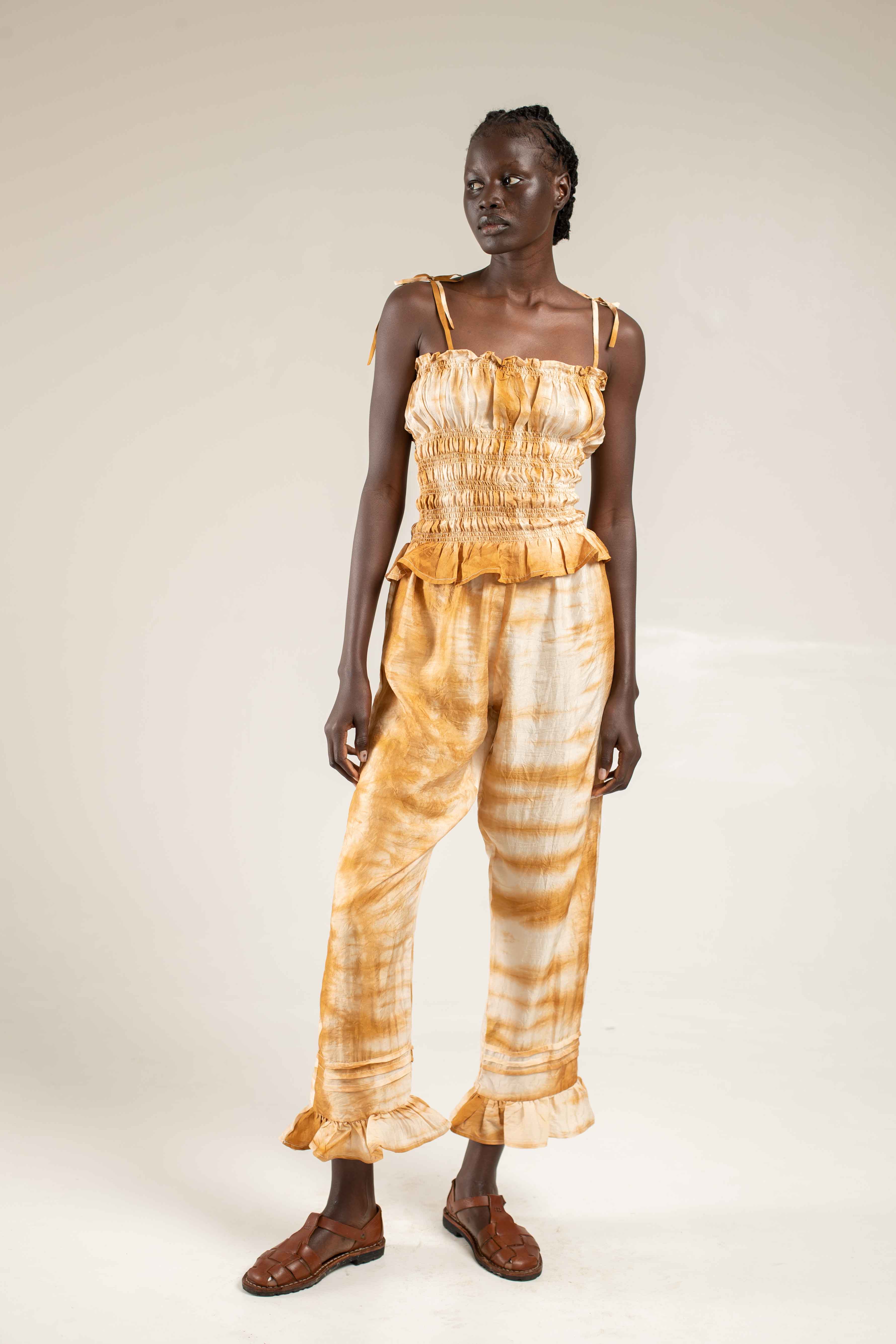 frill hem pants shibori camel 2