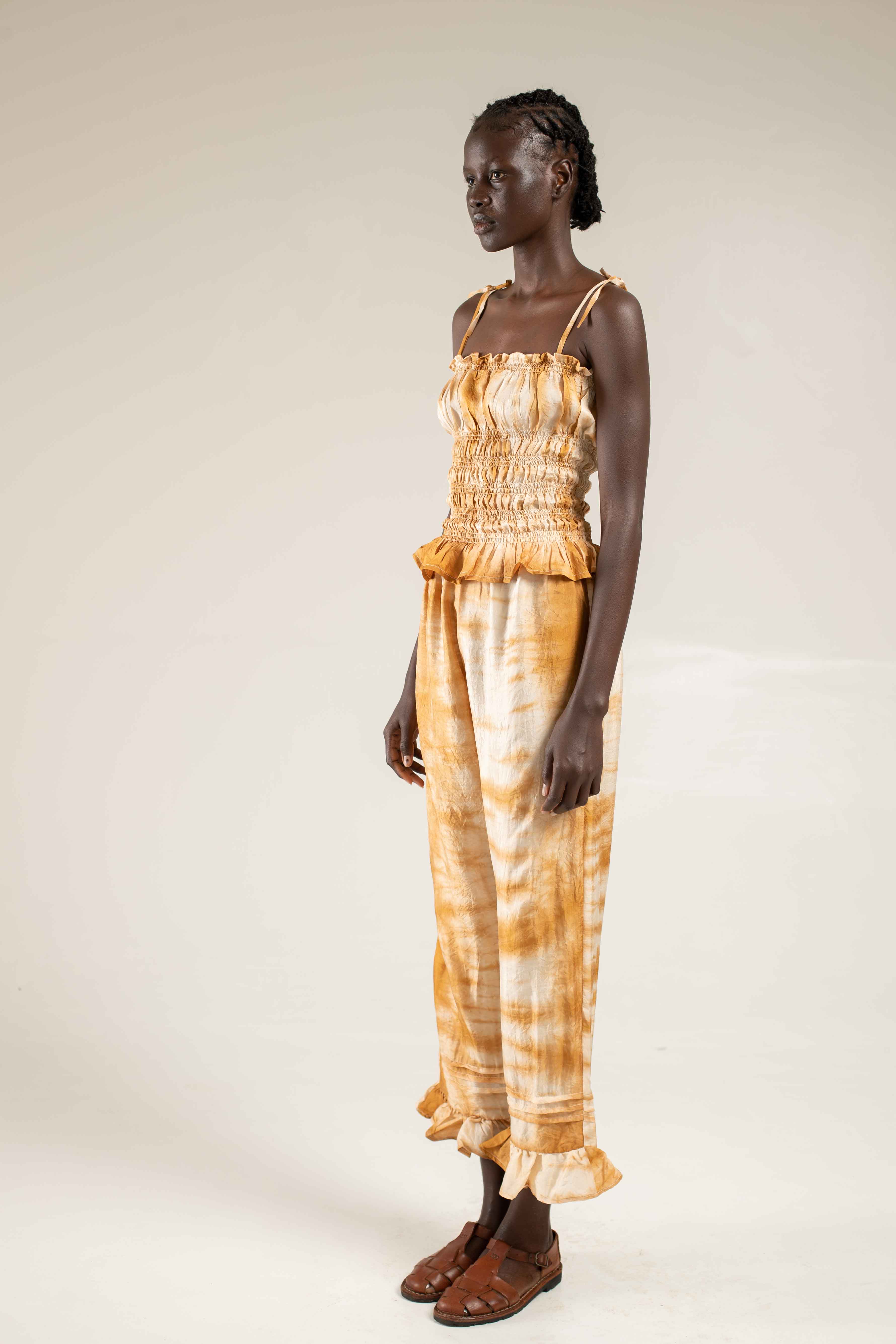 frill hem pants shibori camel 3