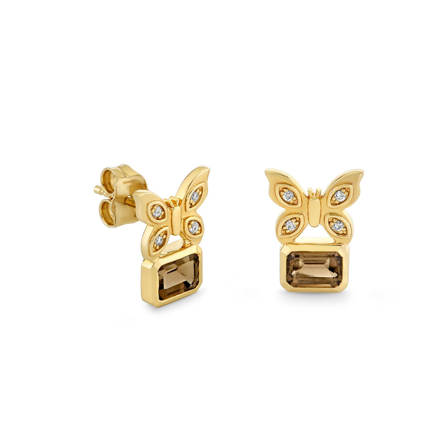 gold diamond butterfly emerald cut quartz stud 1