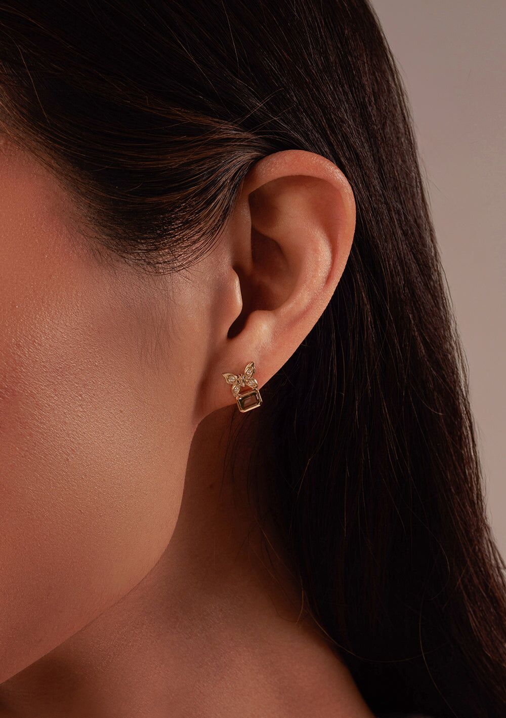 gold diamond butterfly emerald cut quartz stud 2