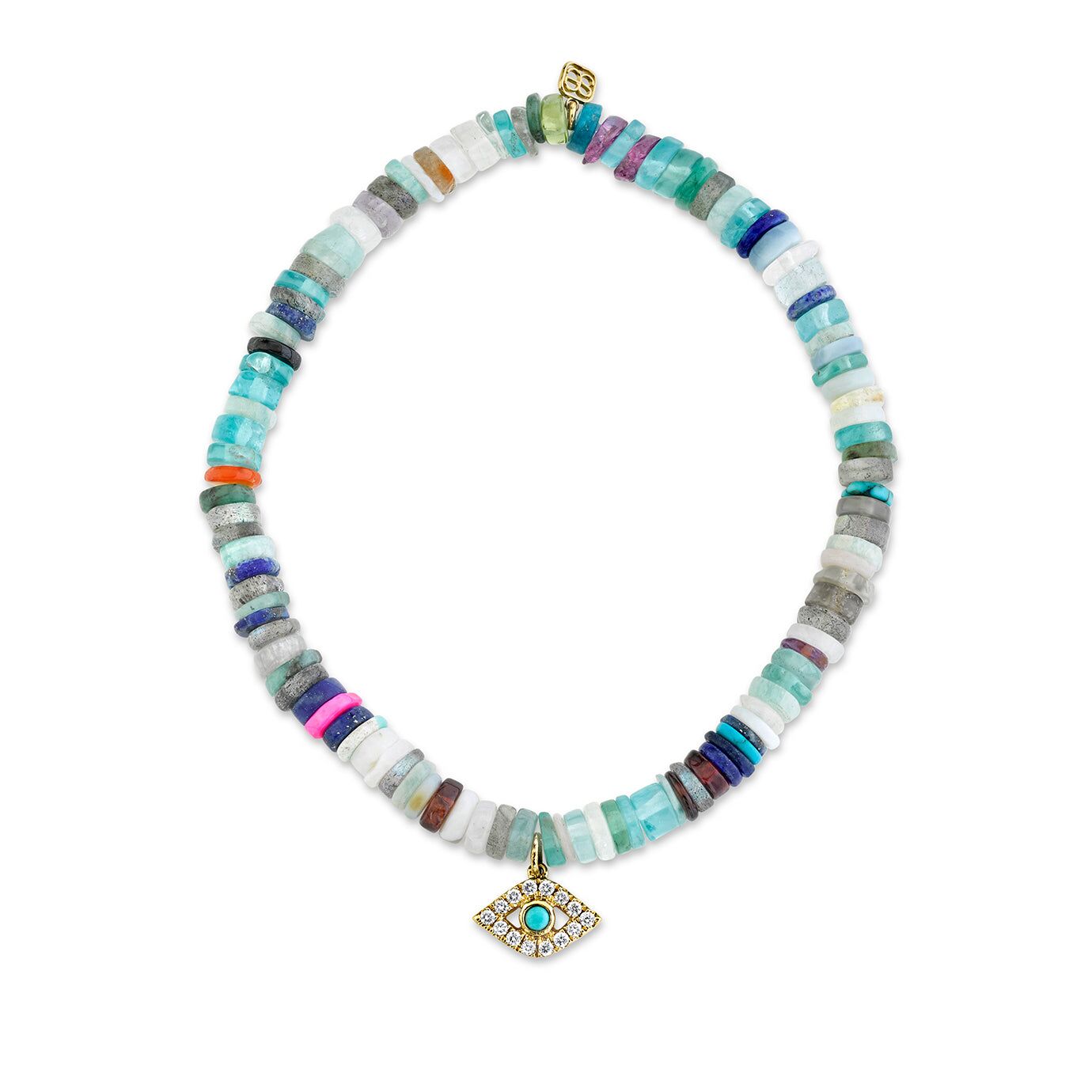 gold diamond medium bezel eye with turquoise on rainbow heishi 3