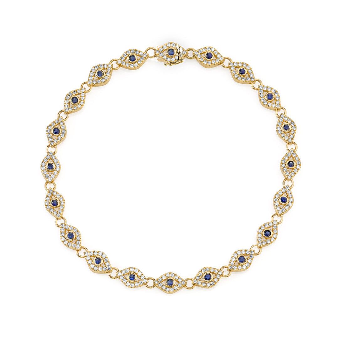 gold diamond small bezel eye link bracelet with blue sapphire 1