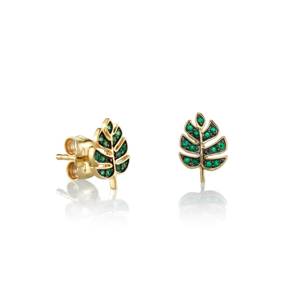 gold emerald tiny monstera leaf stud 1