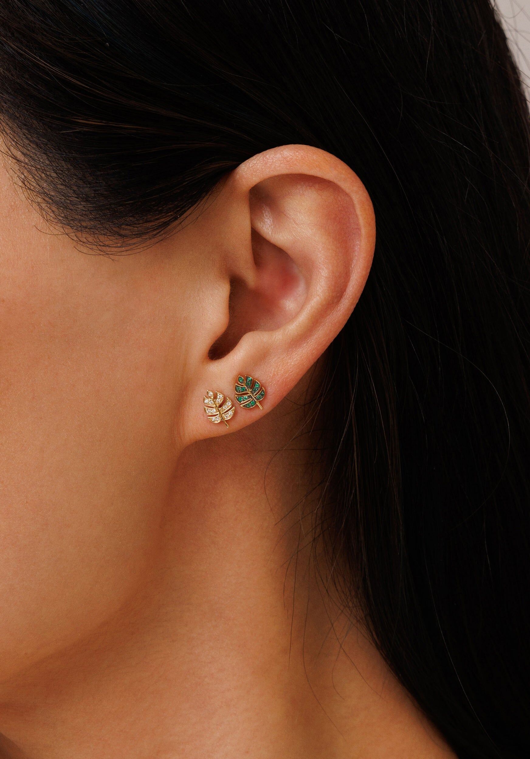gold emerald tiny monstera leaf stud 2