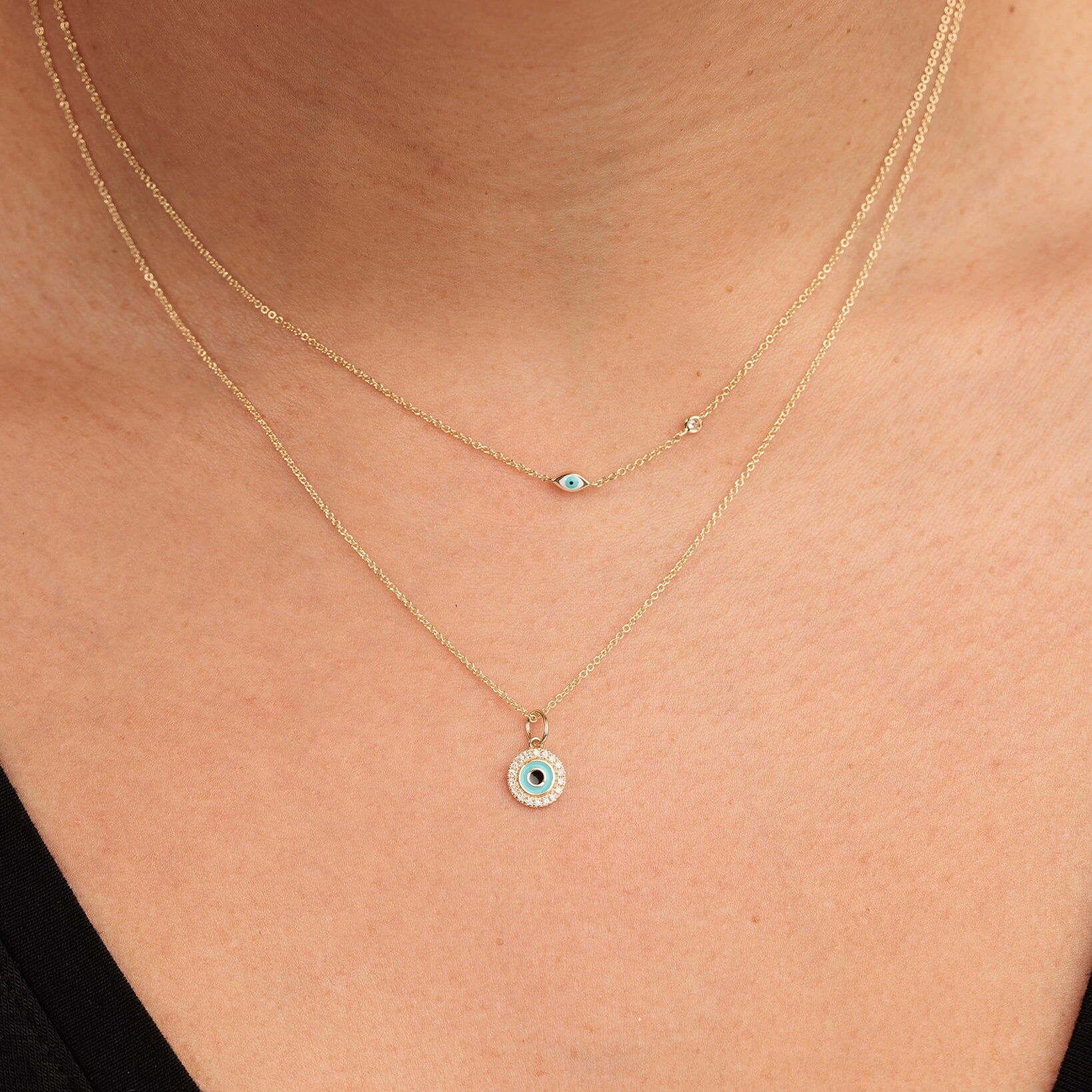 gold mini enamel eye necklace with bezel set diamond 2