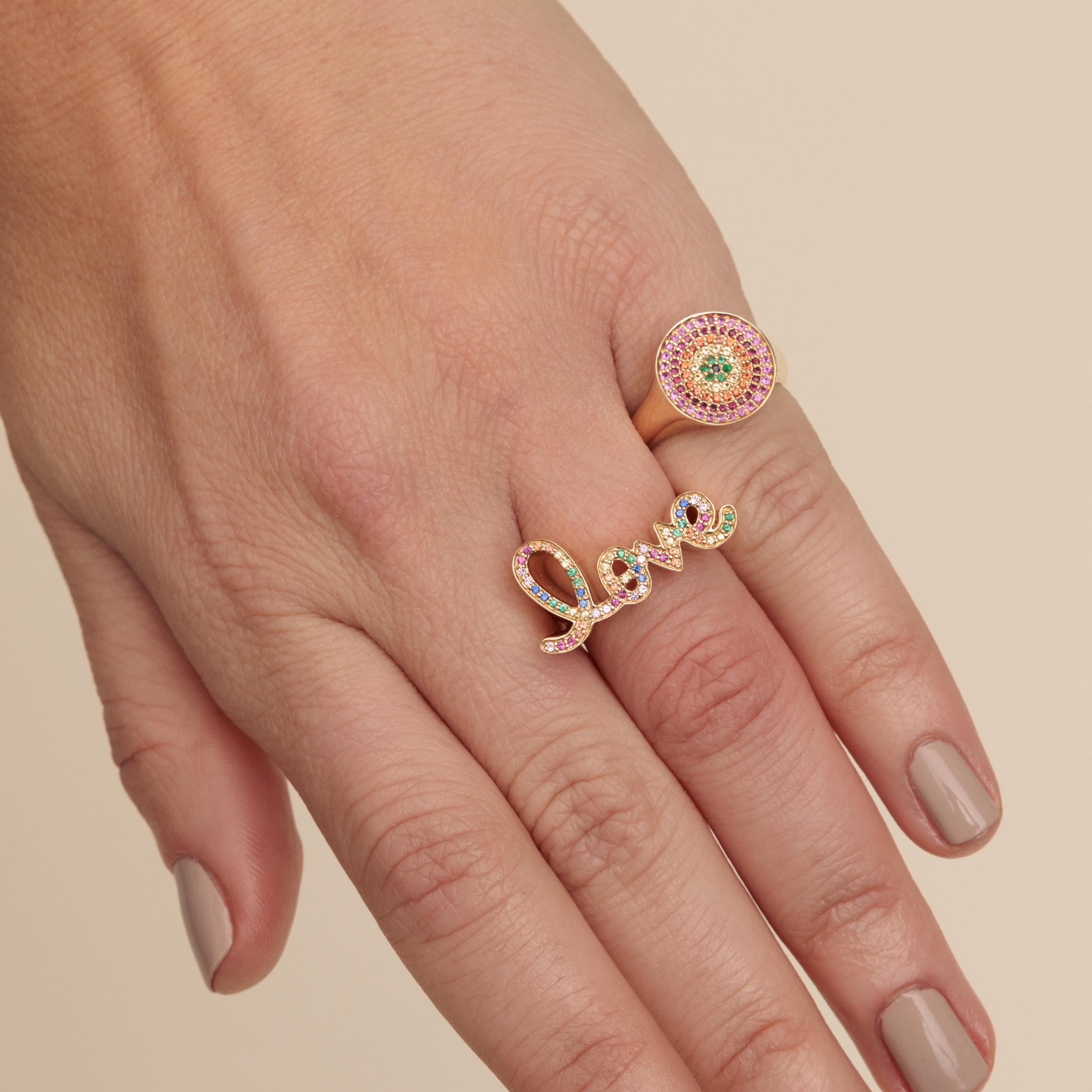 gold rainbow love script block signet ring 2