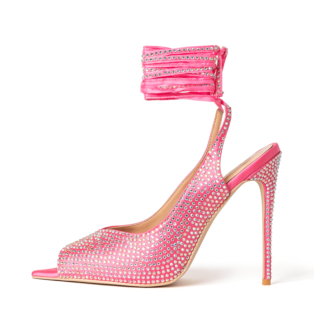 kim pink satin crystal open toe heels 1