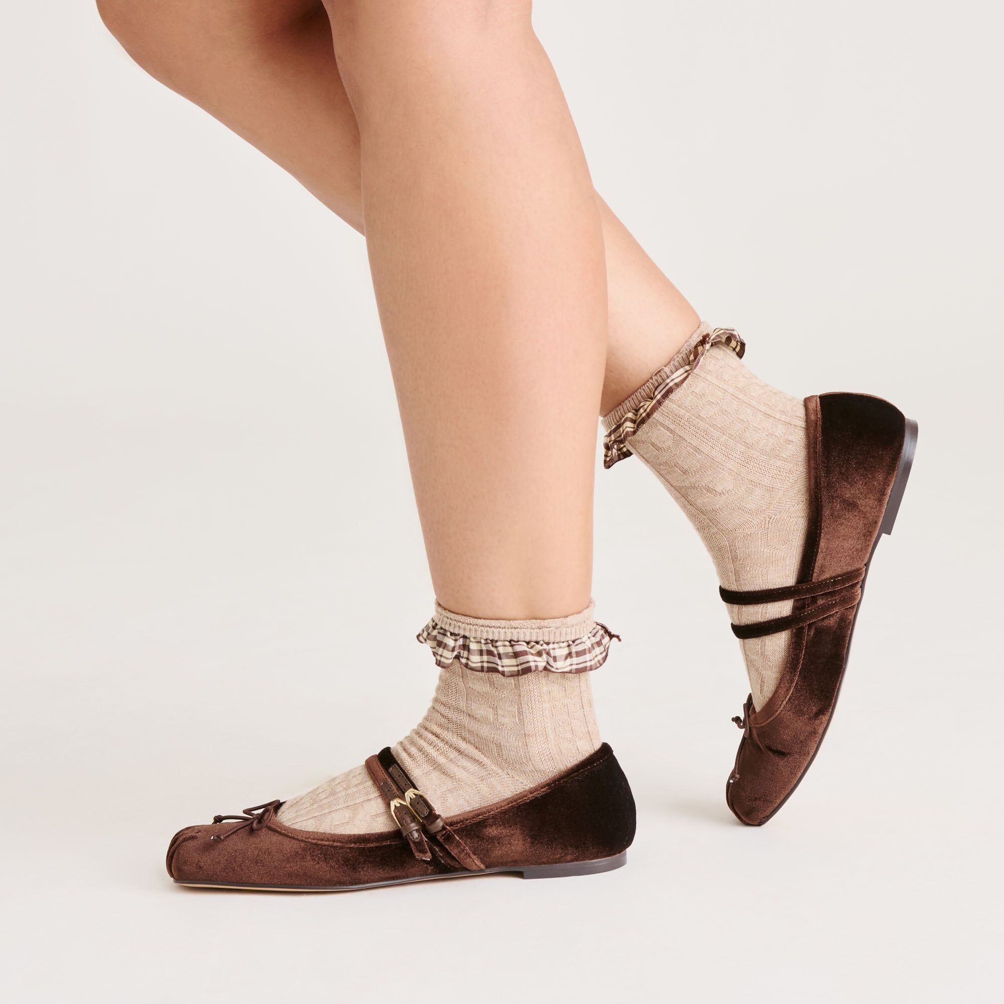 plaid ruffle crew socks taupe 2