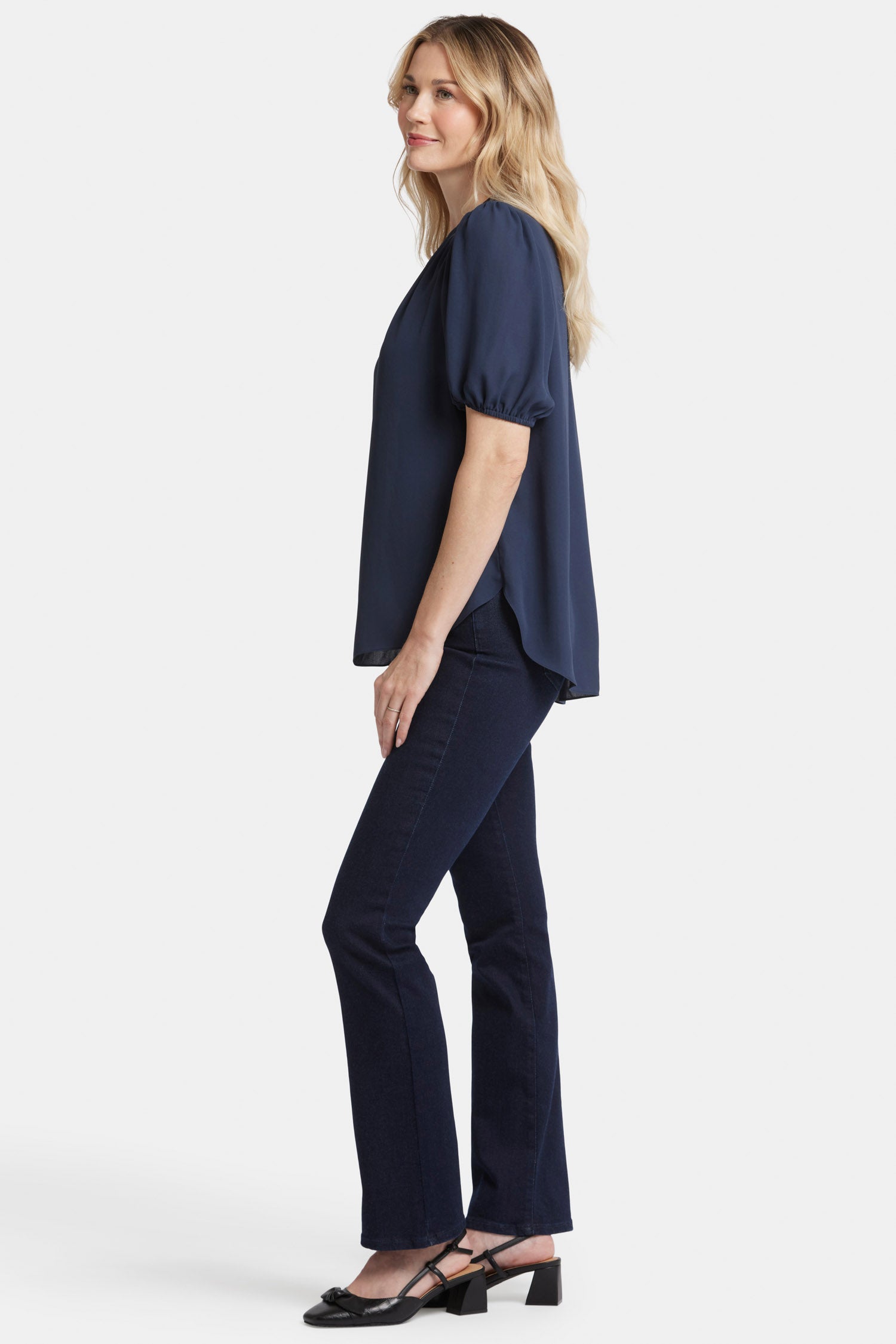 short puff sleeve popover top oxford navy 3