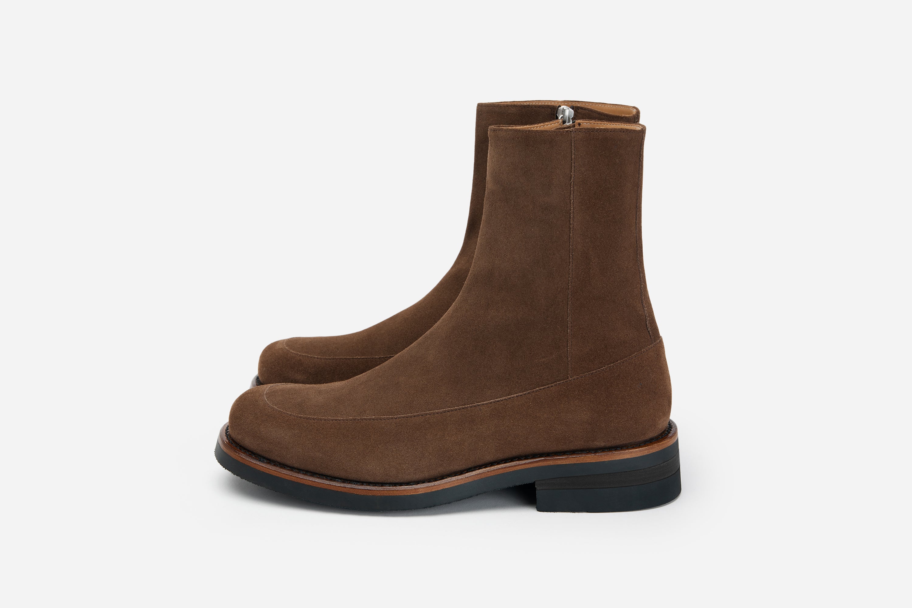 square toe side zip boot mushroom suede 1