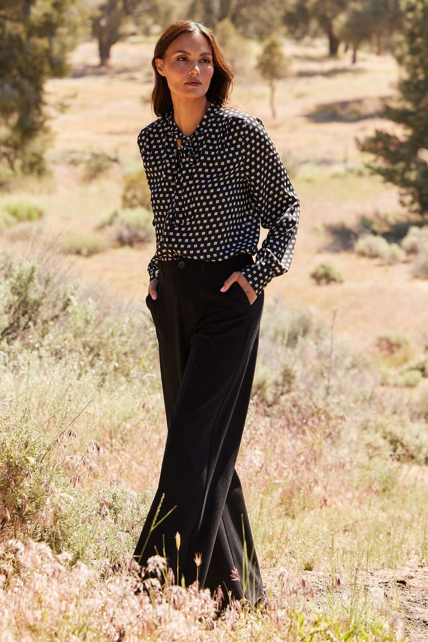 tie neck blouse pearl medallion 2