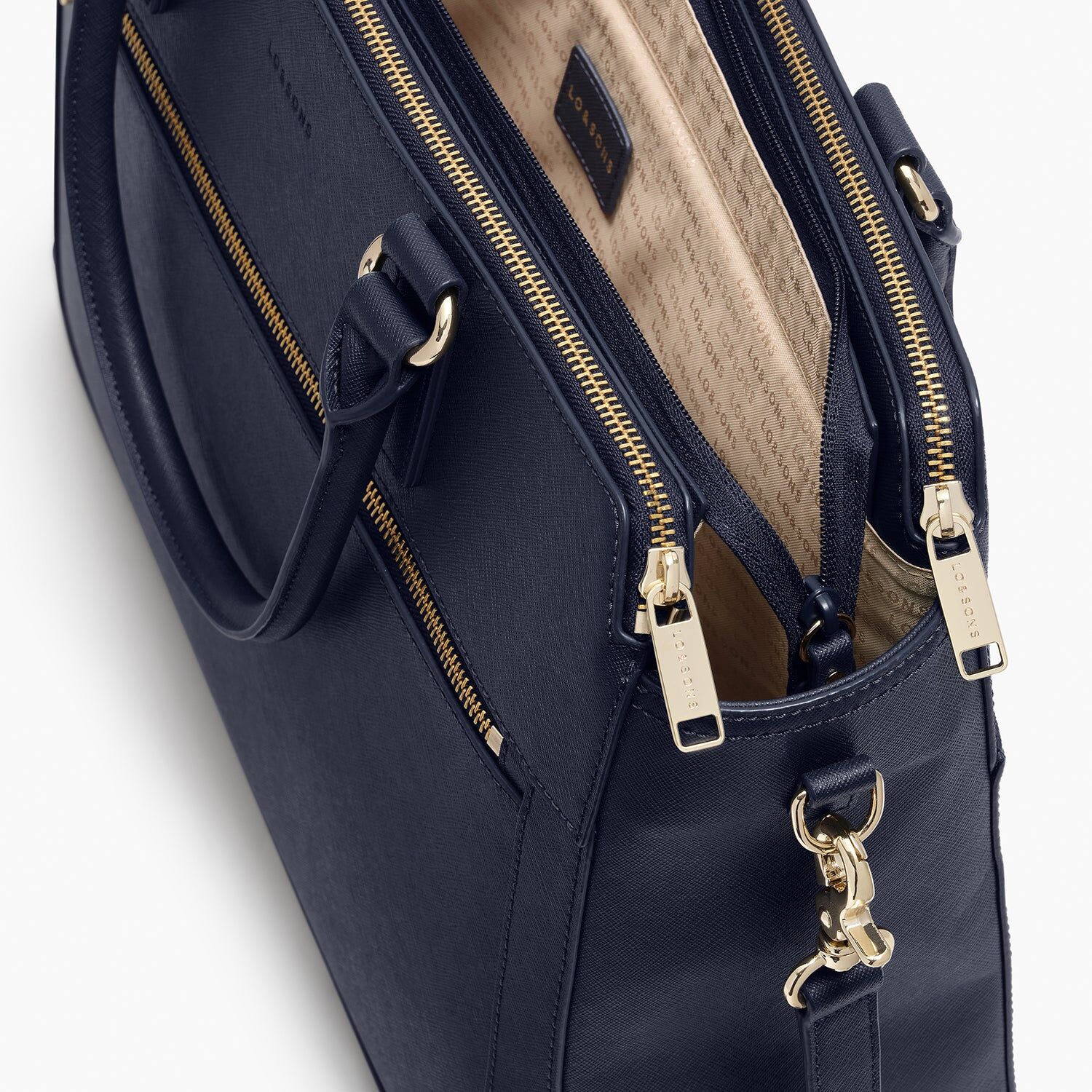 trinity recycled saffiano leather deep navy gold camel 3
