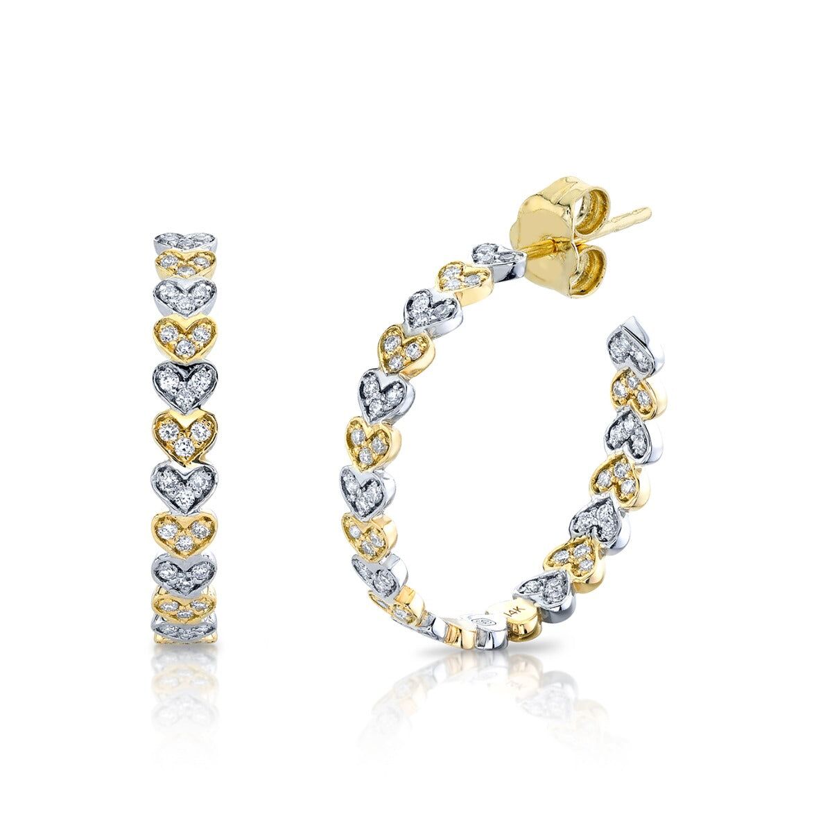 two tone gold diamond medium heart eternity hoops 1