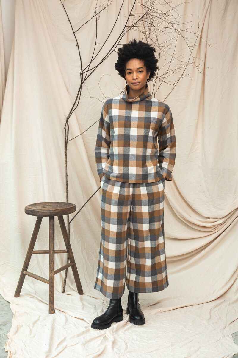 ula cay recycled cotton blend brushed twill check top in tan check 2