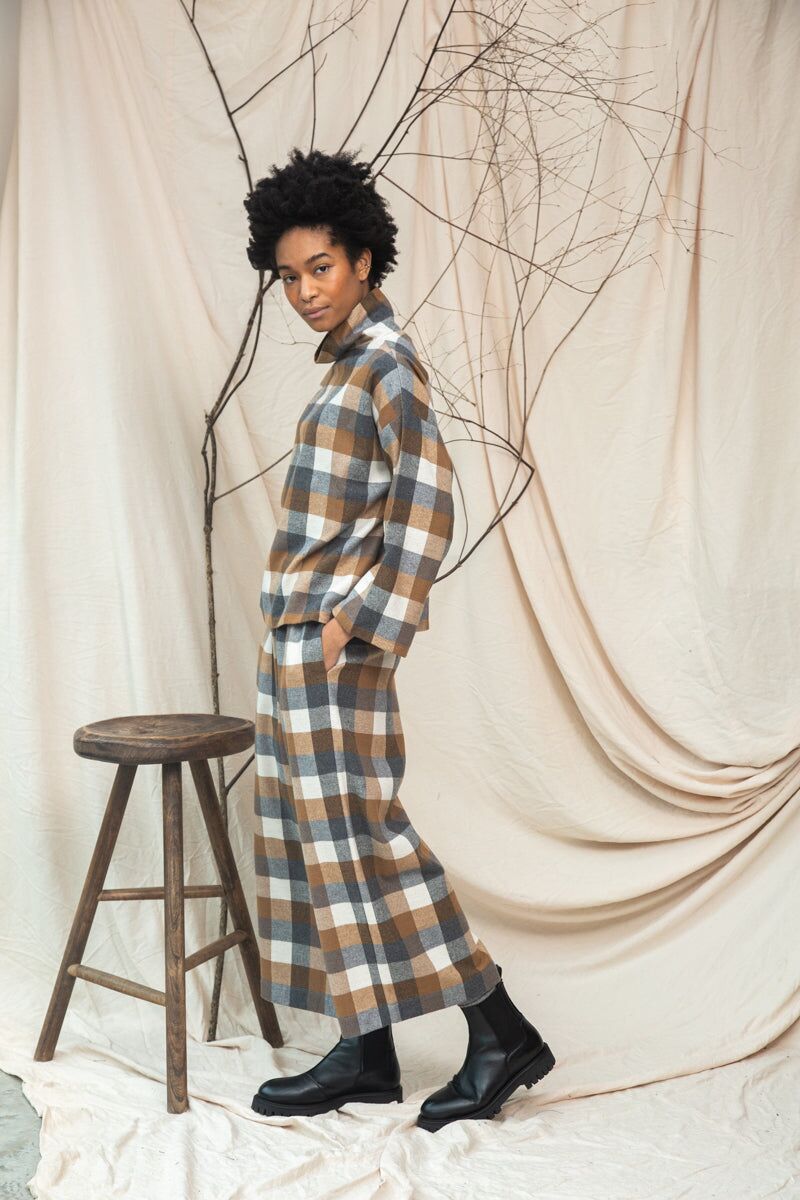 ula cay recycled cotton blend brushed twill check top in tan check 3