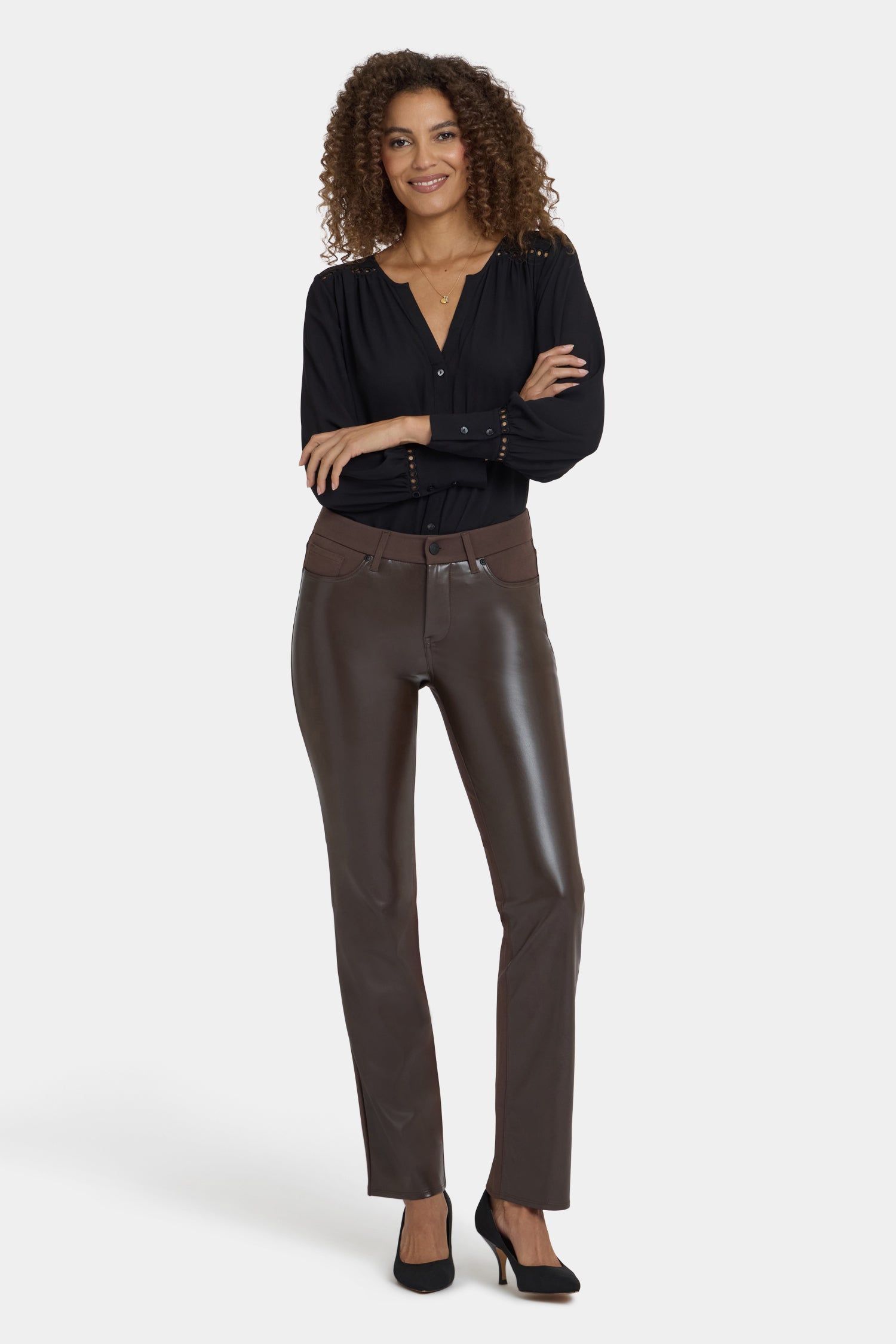 vegan leather and ponte marilyn straight pants coffee bean 1