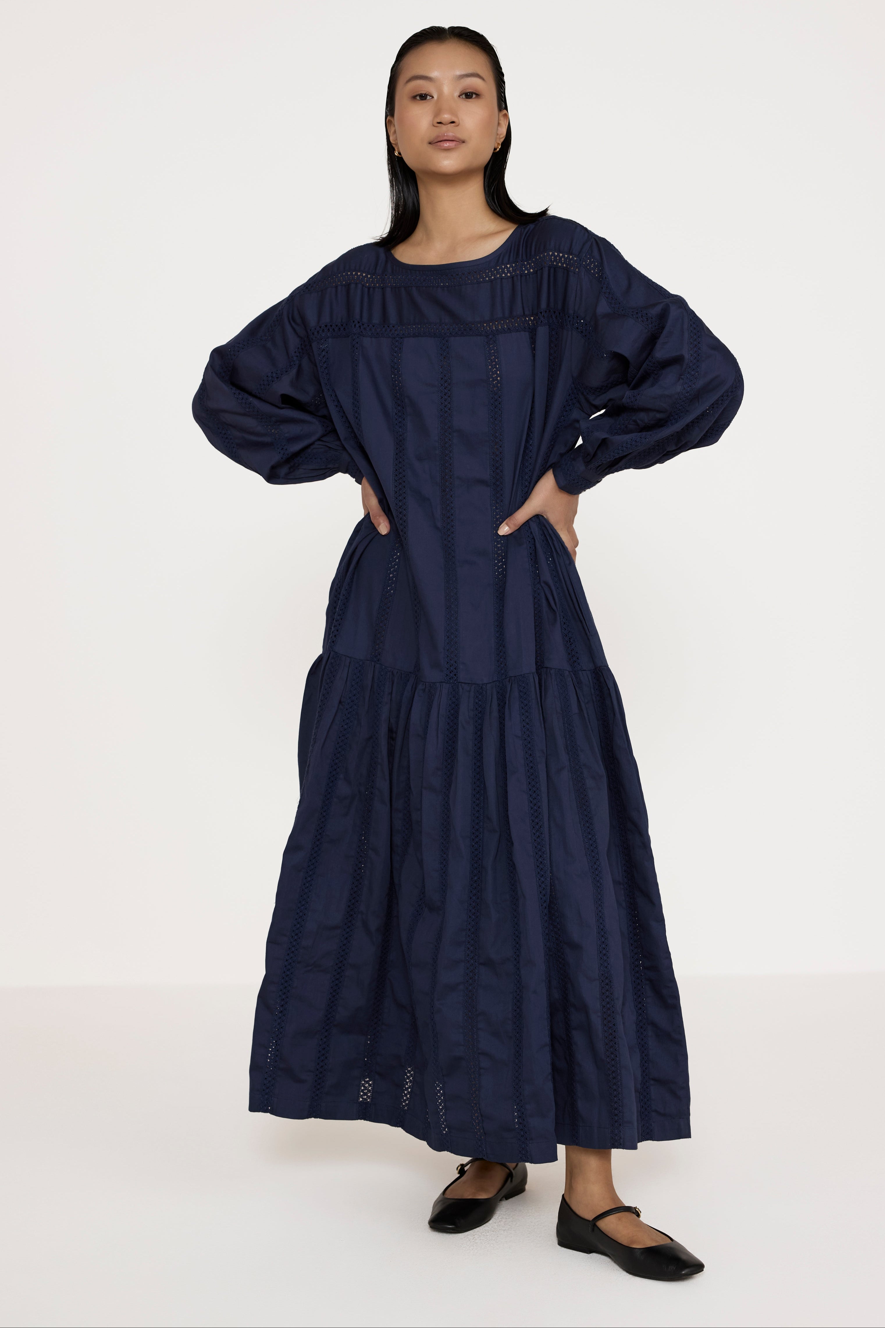voluminous drop waist dress navy lace 2