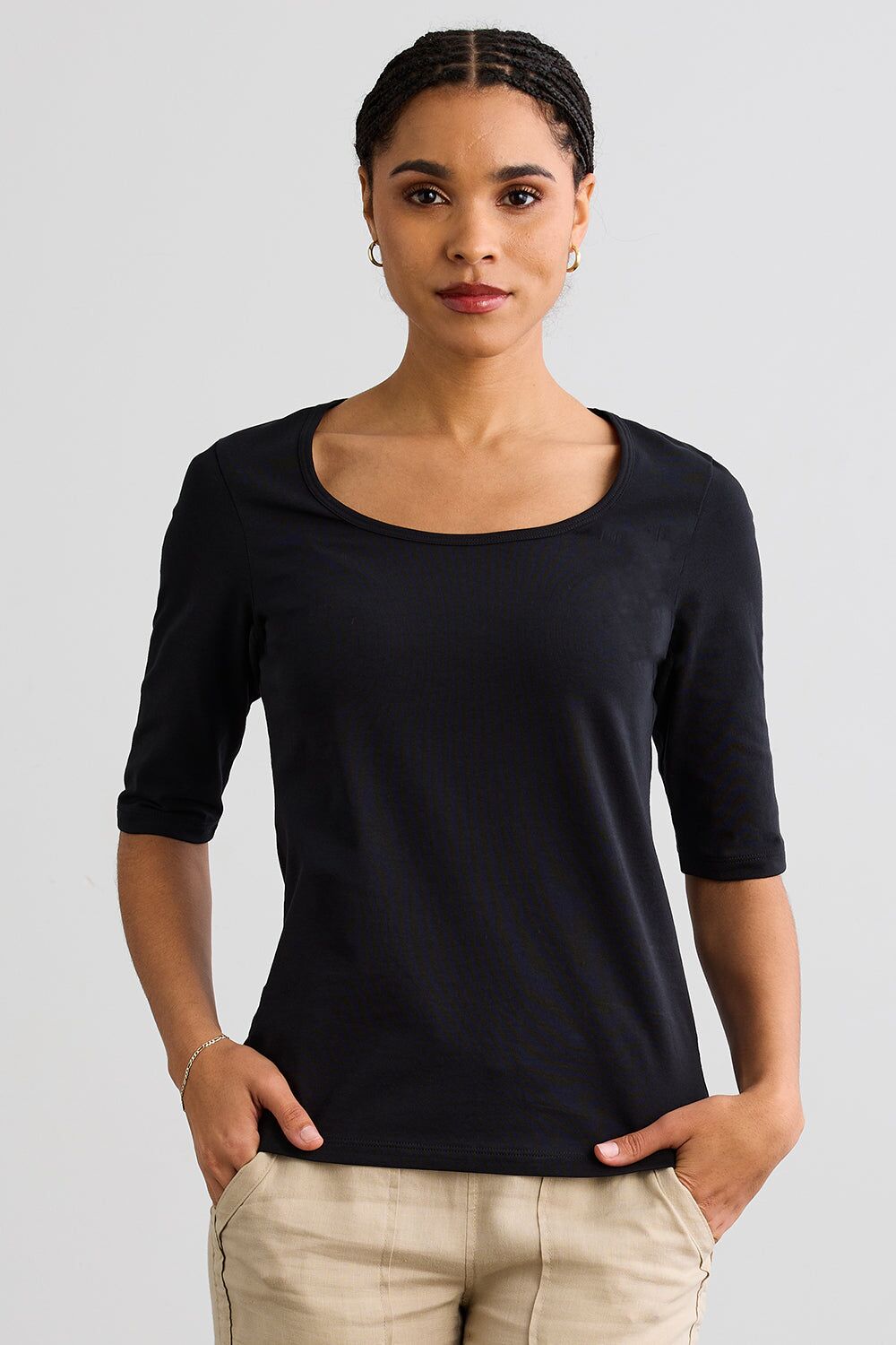 womens organic elbow sleeve wide scoop neck tee 2