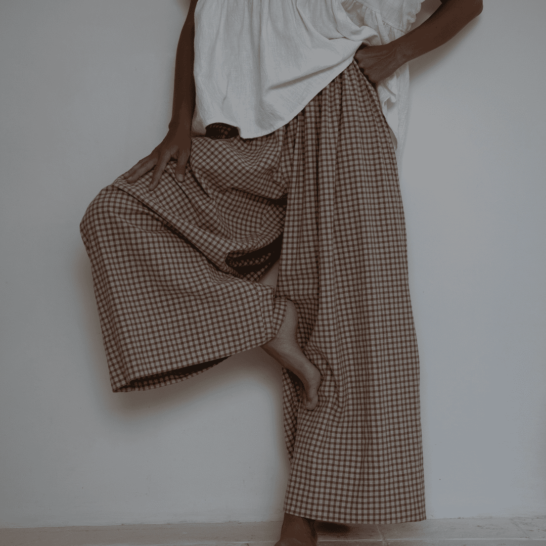 yollie cinnamon linen gingham voluminous pant 1