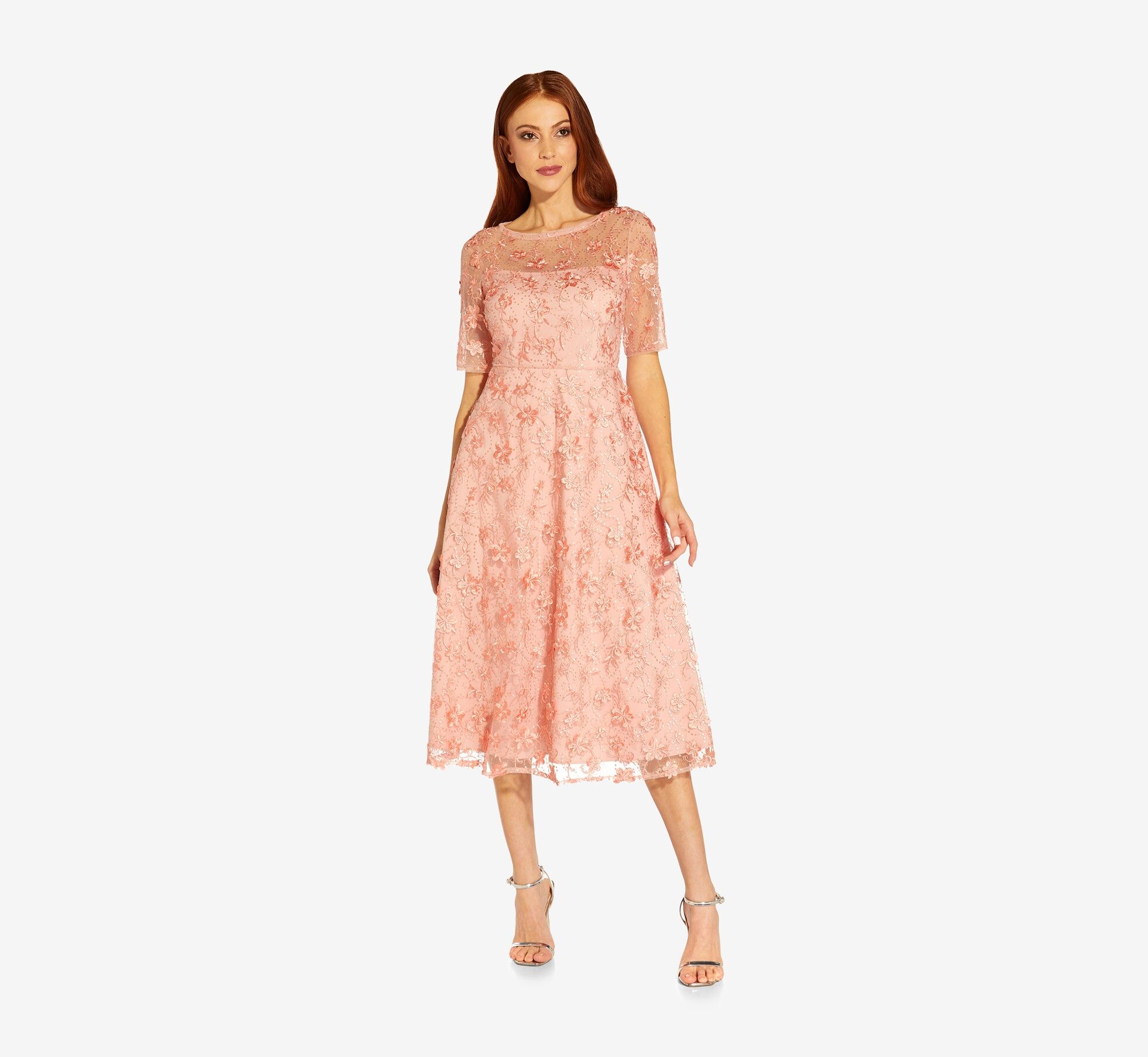 3d floral embroidered and hand sequined tea length fit and flare cocktail dress in peach blossom 1