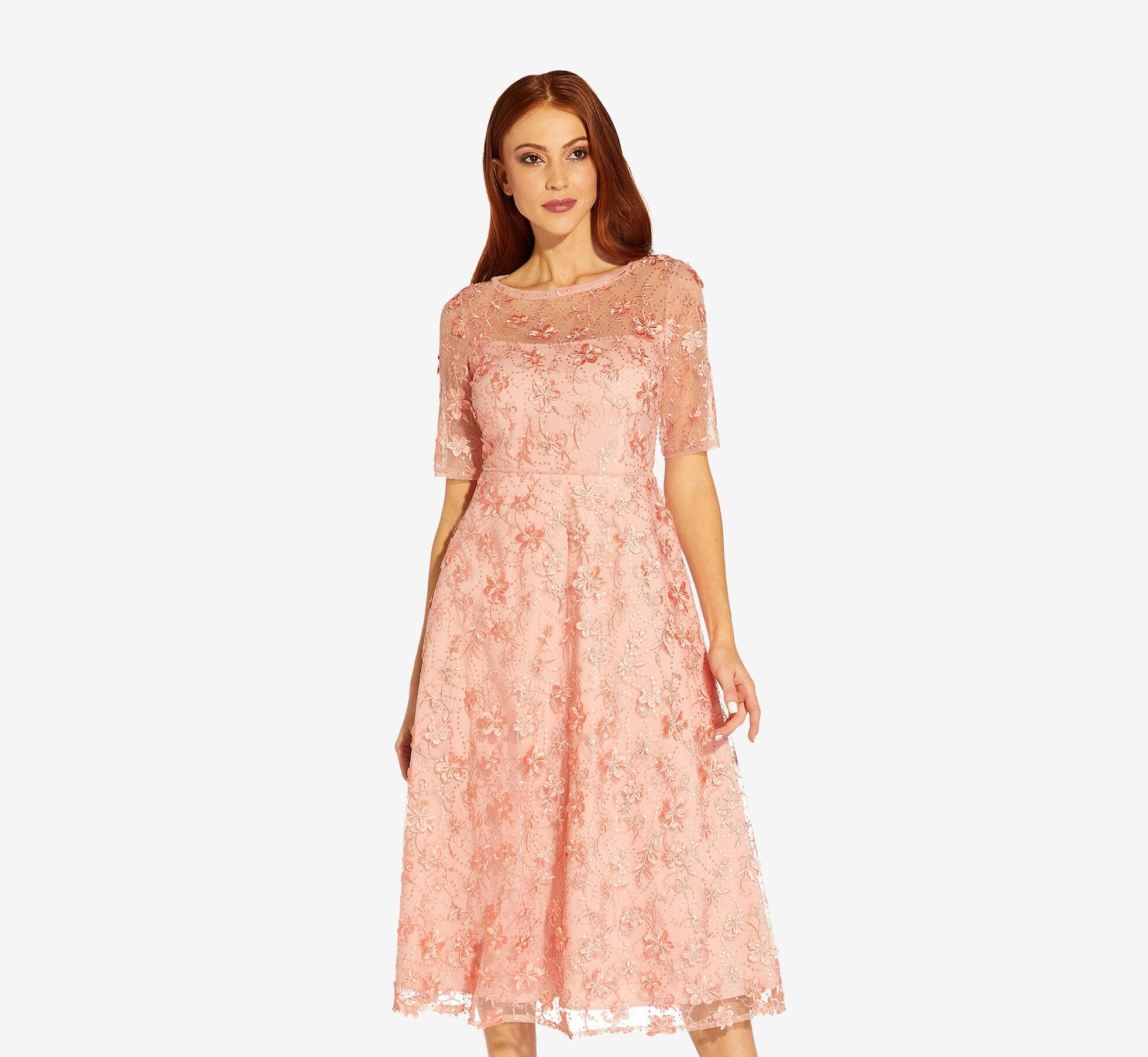 3d floral embroidered and hand sequined tea length fit and flare cocktail dress in peach blossom 2
