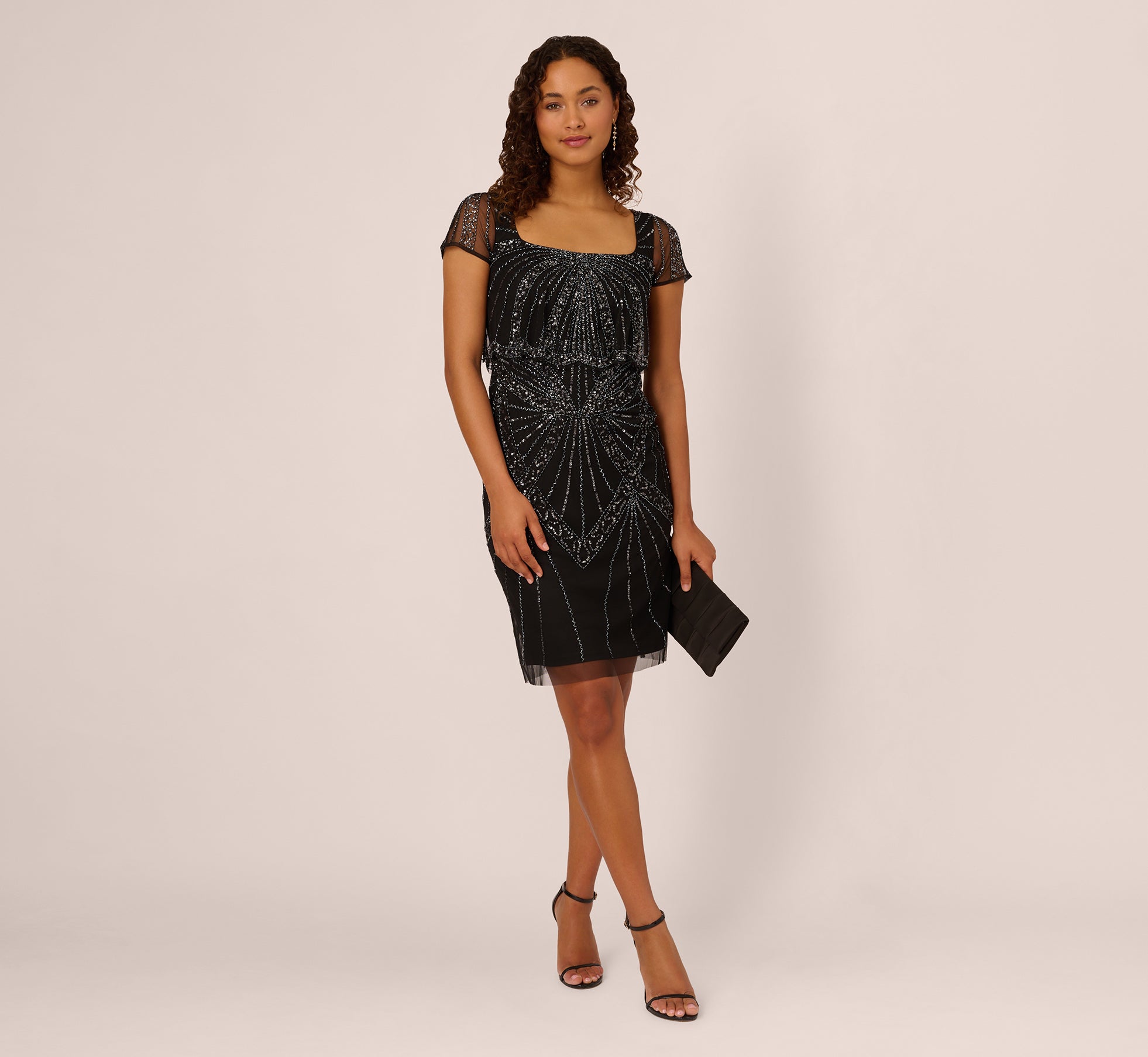 beaded popover dress with sheer cap sleeves in black gunmetal 1