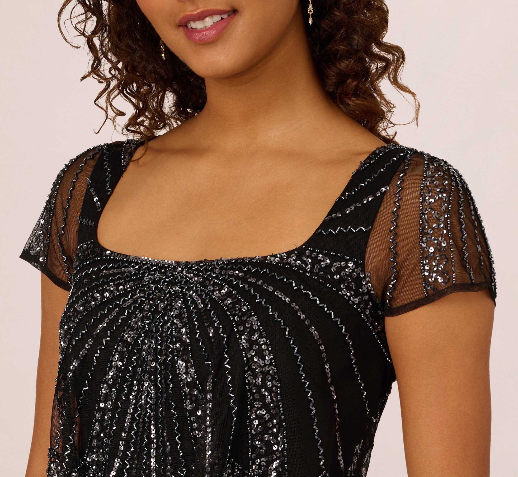 beaded popover dress with sheer cap sleeves in black gunmetal 3