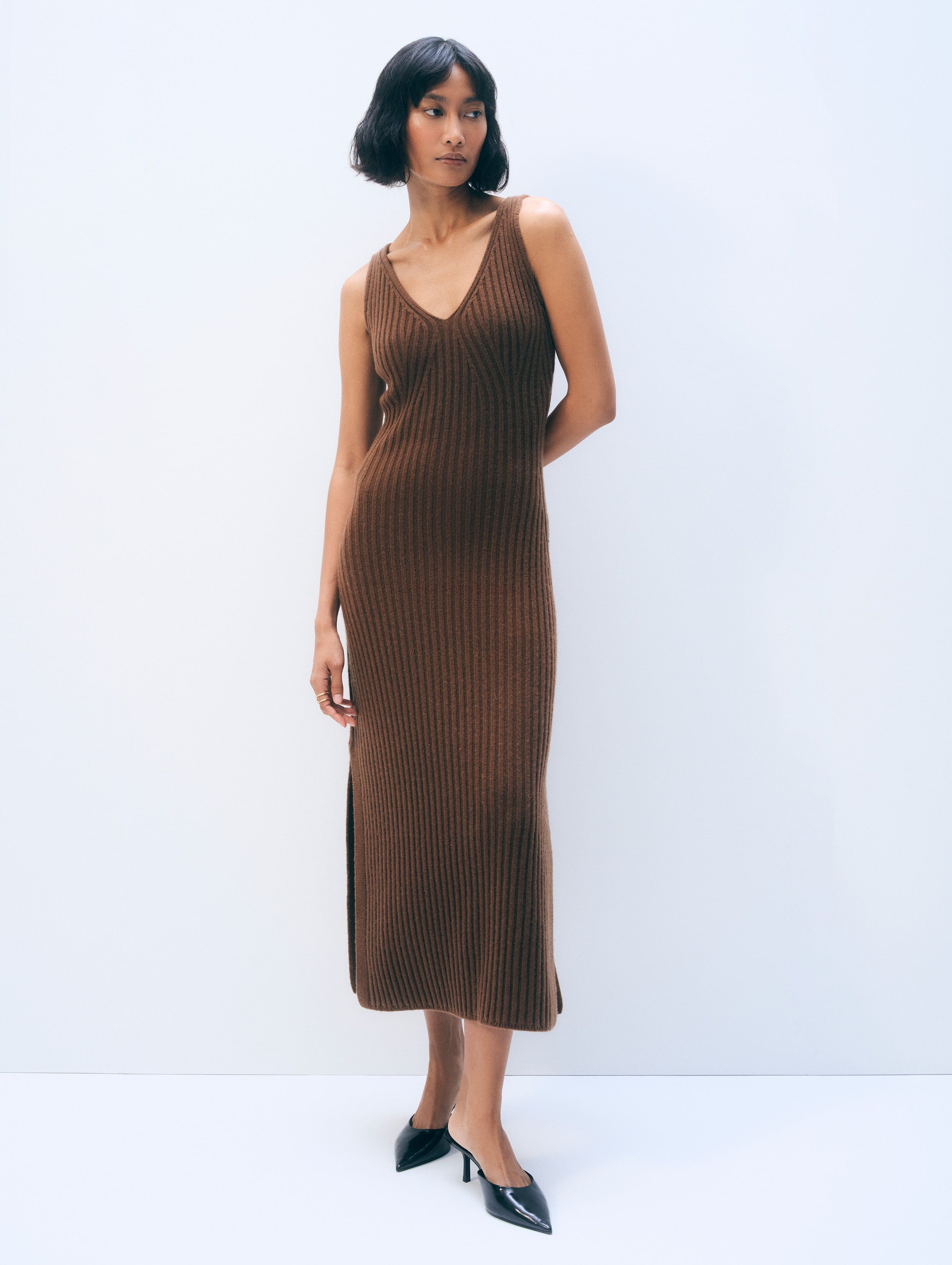 cashmere blend ribbed midi dress umber 1