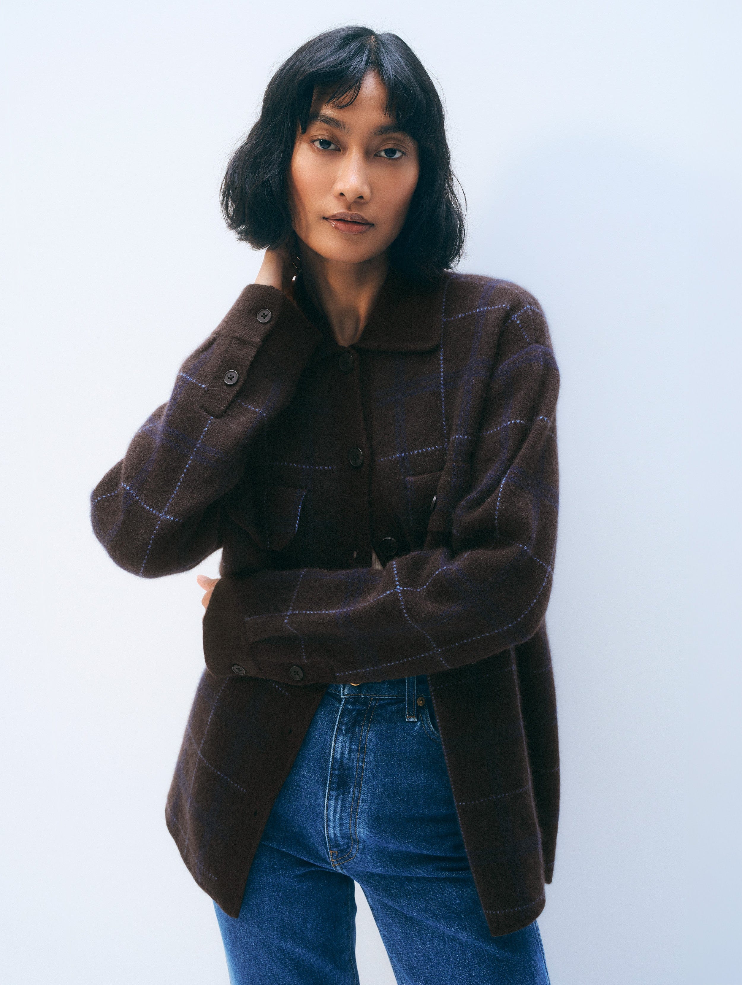 cashmere luxe button down shacket dark umber combo 1