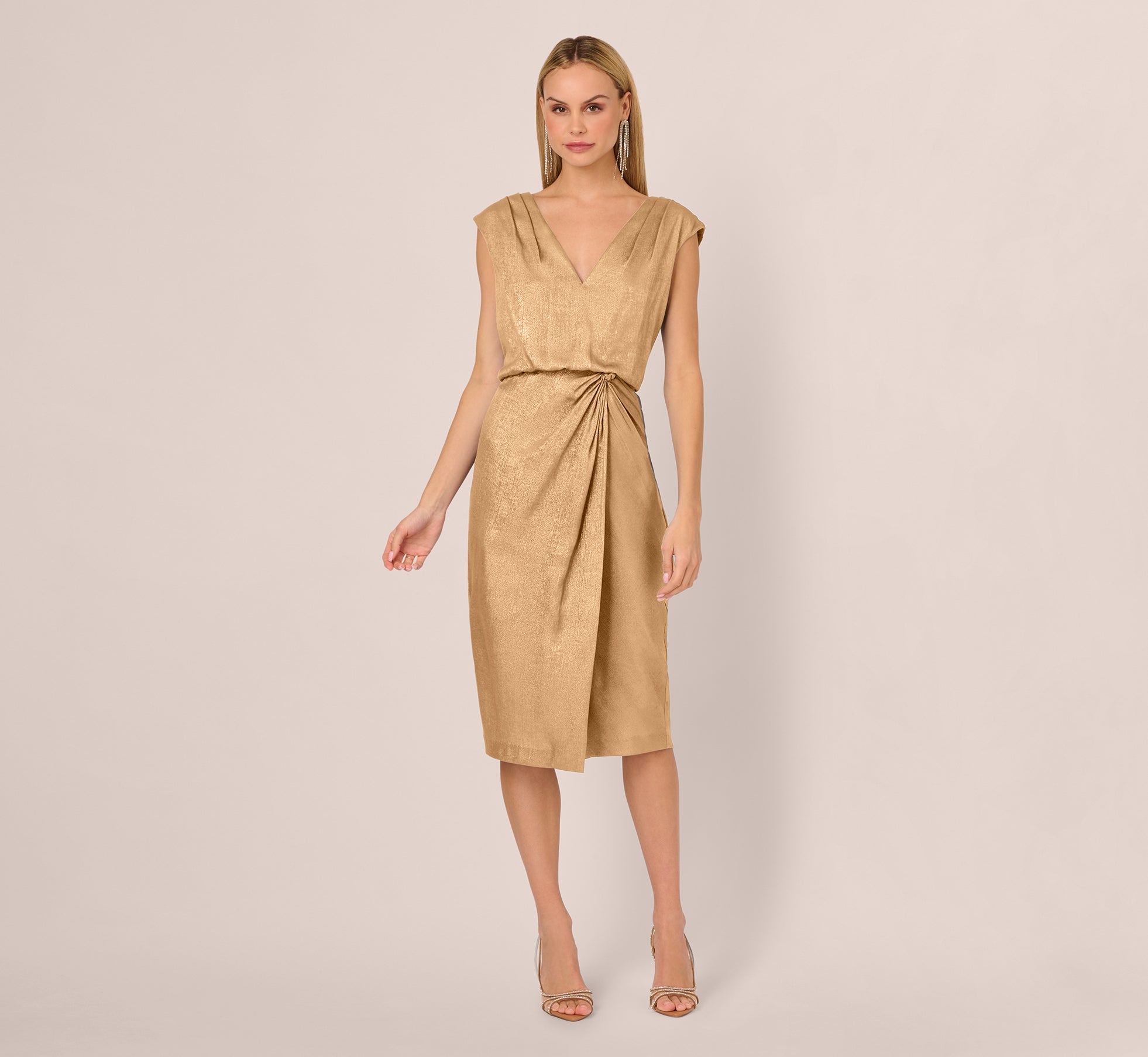foil blouson midi dress with faux wrap skirt in light gold 2