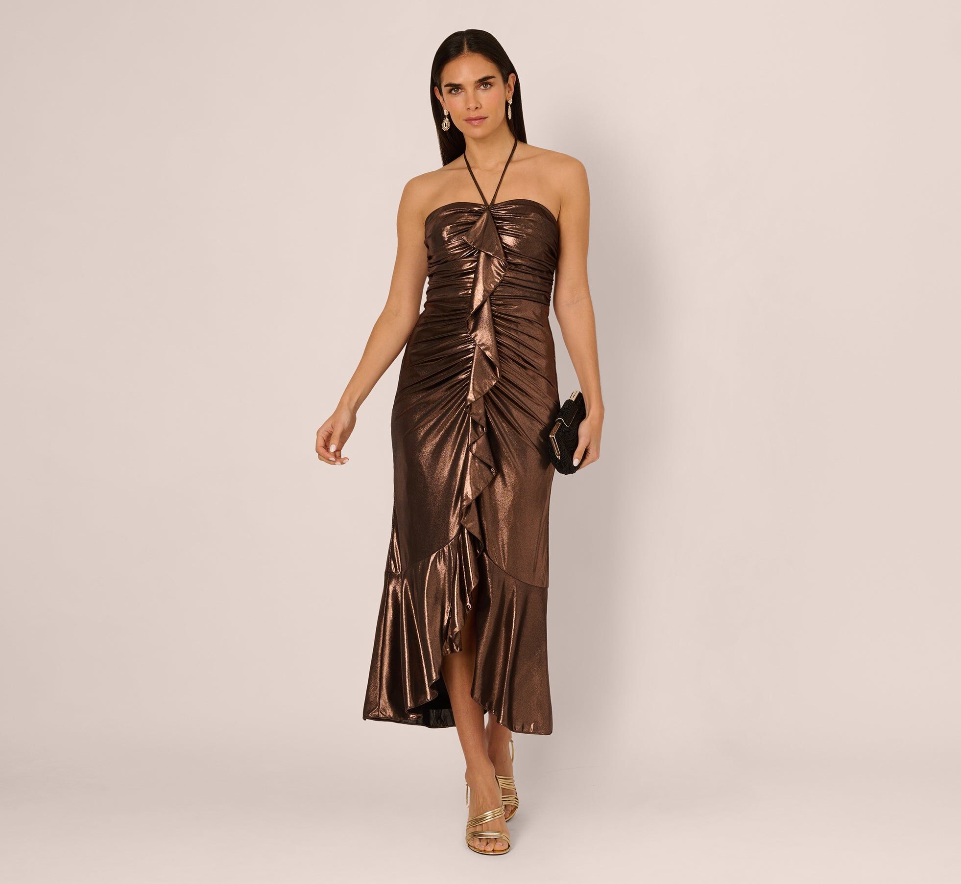 foil ruched ruffle halter midi dress in cinnamon 1