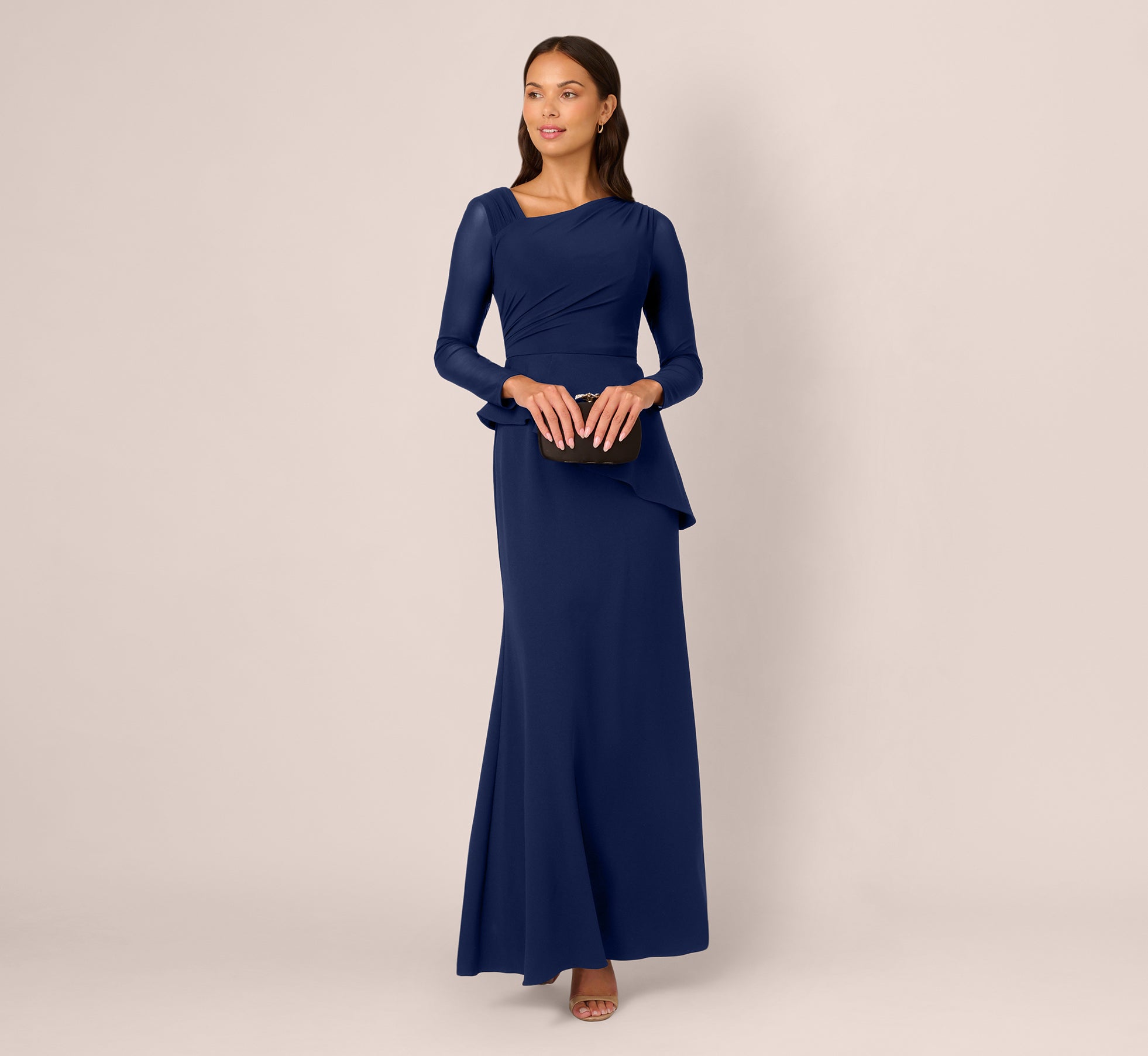 knit crepe combo mesh gown in navy sateen 1